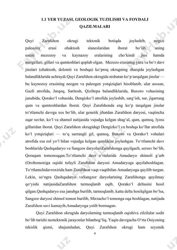 xoro kanali ishga tushirildi.amu-buxoro kanalidan keladigan suvdan sugʻorishda koʻchirib yuborilgan toʻdakoʻl va quyimozor suv omborlari ham toʻldirilib turibdi. buxoro va qorako‘l vohalarining qadimiy sug‘oriladigantaqirli tuproqlar tarqalgan qismida shuvoq, tatr, boyalish kabi o‘simliklar o‘ssa, biroz sho‘rlashgan qismida tatr, yantoq, qora saksovul, bir yillik sho‘ra uchraydi. zarafshon daryosining qadimiy qayirlarida, deltasida, ko‘llar atrofida to‘qay o‘simlik turlari bo‘lib, ular turang‘il, jiyda, tol, lox, qamish, chingil, yantoq, yulg‘un kabilardir. okrugda antropogen omillar ta’sirida to‘qayzorlar maydoni kamayib ketmoqda. shu sababli ayrim joylarda qo‘riqlanadigan to‘qayzorlar tashkil etish zarur. 1.2 tabiiy geografik okrugning chegaralanishi iqlimi. quyi zarafshon okrugi qisqa va beqaror qish bilan, quruq, seroftob, jazirama yoz bilan tavsiflanadi. qishda okrugi hududiga shimoldan sovuq, quruq shamollarning esishi tufayli hamma joyda yanvarning o‘rtacha harorati 0°c dan past bo‘ladi. quyi zarafshon okrugiga yozda shimoliy g‘arbdan nam havo massalari esib tursa-da, lekin haroratning yuqoriligi tufayli yog‘in yog‘maydi. quyi zarafshon okrugi o‘zbekistonning eng issiq hududlaridan hisoblanib, yillik o‘rtacha harorat +14,2 +15°c, …