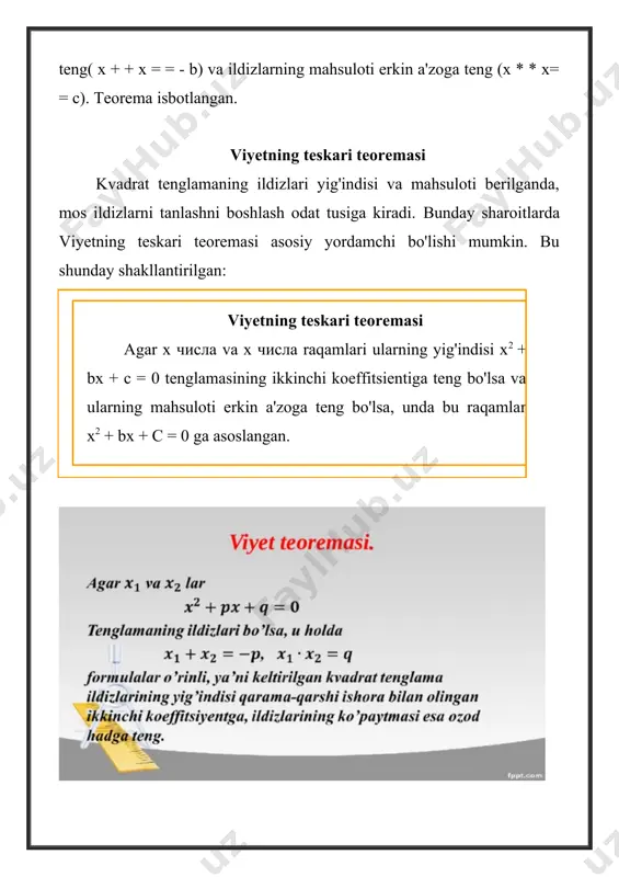 22 + px2 + q = 0 biz birinchi tenglikdan ikkinchisini chiqaramiz. qabul qiling: x12 – x22 + p(x1 – x2) = 0 birinchi ikkita atamalar kvadrat farqi formulasiga ko'ra qo'yiladi: (x1 – x2)(x1 – x2) + p(x1 – x2) = 0 vaziyatga ko'ra, ildizlar x1 va x2 farq qiladi. shuning uchun biz tenglikni (x1 – x2) ≠ 0 ga kamaytirishimiz va p ni ifodalashimiz mumkin. (x1 + x2) + p = 0; (x1 + x2) = -p. birinchi tenglik isbotlangan. ikkinchi tenglikni isbotlash uchun biz birinchi tenglamani almashtiramiz x12 + px1 + q = 0 r koeffitsienti o'rniga unga teng raqam – (x1 + x2): x12 – (x1 + x2) x1 + q = 0 tenglamaning chap qismini aylantirish orqali biz quyidagilarni olamiz: x12 – x22 – x1x2 + q = 0; x1x2 = q, bu isbotlanishi kerak edi. viyet teoremasi yaxshi, chunki kvadrat tenglamaning ildizlarini bilmasdan ham ularning …
