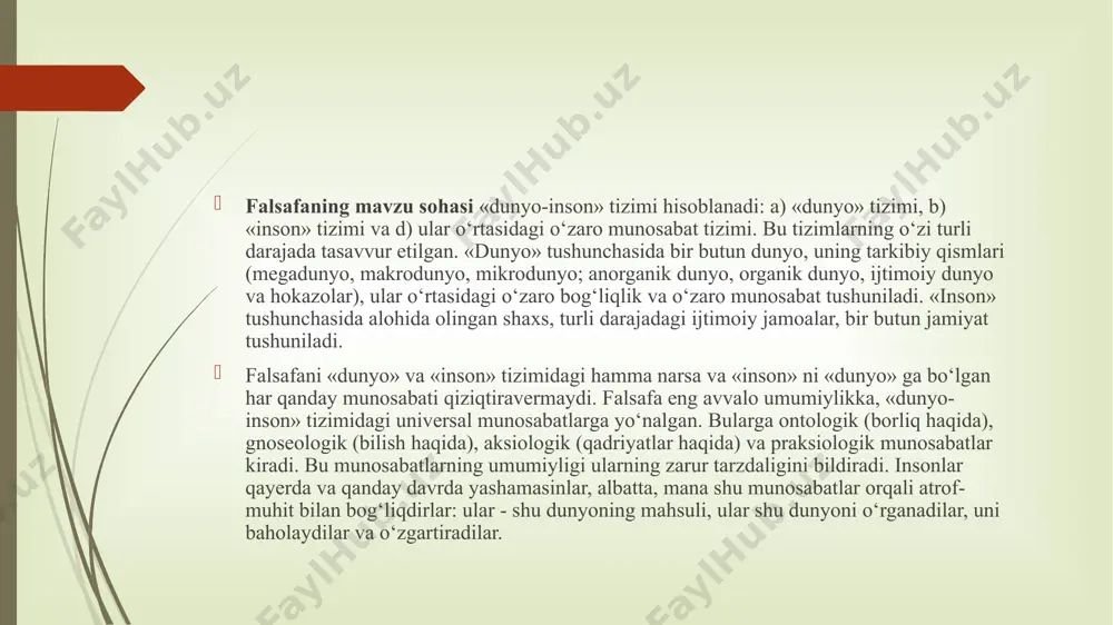 ti to‘g‘risidagi masalada u moddiy yoki g‘oyaviy yagona substansiya – monizm, teng huquqli mustaqil (moddiy va ruhiy) – dualizm, ko‘pchilik substansiyalardan iborat plyuralizm deb e’tirof etiladiganlarga bo‘linadi. falsafa tarixida dualizmning eng mashhur vakili fransuz faylasufi r.dekart (1596-1650), plyuralizmniki nemis faylasufi g. leybnits (1646-1716) bo‘lgan. monizm falsafa tarixida ikki: materialistik va idealistik shaklda mavjud. materializm ruhiy ibtidoga qadar ham va unga bog‘liq bo‘lmagan holda mavjud bo‘lgan tabiat, moddiy substansiya birlamchiligidan kelib chiqadi. materializmning o‘zi turli xususiy tarixiy shakl va oqimlarga bo‘linadi: qadimgi, hamma narsa tabiiy «unsurlar» dan biri, ya’ni suv (fales), havo (anaksimen), olov (geraklit) yoxud ularning qatori suv, havo, olov va tuproq (chorvaklarning qadimgi hind maktabi, empedokl), suv, havo, olov, tuproq va metalga (qadimgi xitoy falsafasida) asoslangan deb tushunuvchi oddiy materializm; yangi davr metafizik materializmi (gobbs, lokk); antropologik materializm (l. feyerbax); dialektik materializm (k. marks, f. engels); ilmiy materializm (g. feygl, j. smart); emerjentistik materializm (j. margolis, m.bunge) va hokazolar. …
