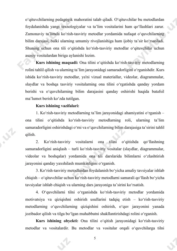 ordamida o‘quvchilarning bilimlarini mustahkamlash va ularga yangi bilimlarni o‘zlashtirishda qanday yordam berishini o‘rganish ko‘zda tutilgan. kurs ishining tuzilishi: kirish, 2 bob, 4 paragraf, xulosa va foydalanilgan adabiyotlar iborat. i bob. ona tilini o‘qitishda metodlarning nazariy asoslari 1.1. ona tili ta’limining maqsadi va vazifalari ona tili ta’limining asosiy maqsadi – o‘quvchilarda ona tiliga nisbatan munosabatni shakllantirish, ularni til orqali o‘z fikrlarini aniq va ravon ifodalashga o‘rgatish, shuningdek, tilning barcha jihatlarini o‘rganish (grammatika, imlo, uslub, sintaksis, fonetika va boshqalar) orqali to‘g‘ri va samarali kommunikatsiya ko‘nikmalarini rivojlantirishdir. ona tili ta’limi, o‘quvchilarga nutqni boshqarish, so‘zlashuv va yozish ko‘nikmalarini shakllantirish bilan birga, til orqali axborot almashish va o‘z fikrlarini aniq bayon etish qobiliyatini rivojlantirishga xizmat qiladi. ona tili ta’limining asosiy vazifalar 1. o‘quvchilarda tilga bo‘lgan qiziqishni rivojlantirish – ona tilini o‘rganishga bo‘lgan qiziqish va muhabbatni shakllantirish, tilning ahamiyatini tushuntirish va unga hurmatni oshirish. 2. nutqni aniq va ravon ifodalash ko‘nikmalarini rivojlantirish – o‘quvchilarda mantiqiy fikrlash, …