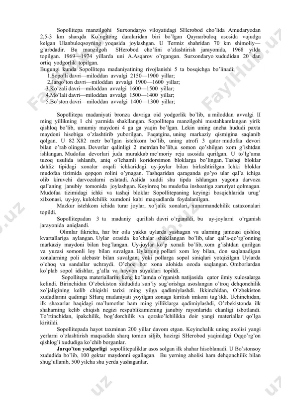 izlari so’nggi bronza bosqichiga kelganda vujudga keldi. ilk va o’rta bosqichlarida bu hududlarda ko’chmanchi chorvadorlar madaniyati, ya’ni dasht qabilalari madaniyati–tozabog’yob madaniyati izlarini ko’ramiz. o’zbekistonning shimoliy hududlarida cho’l va dasht chorvachilik xo’jaligi yetakchi o’rinni egallagan. zarafshon, sirdaryo va amudaryo etaklarida so’nggi bronza davrida chorvador qabilalar o’troqlashib, sug’orma dehqonchilik bilan shug’ullanadilar va uning bazasida qishloqlarni tashkil etadilar bronza davri xo’jaligining eng katta yutug’i bu dehqonchilik madaniyatining keng yoyilishi va uning chorvachilikdan ajralib chiqishidir. bu jarayon fanda birinchi ijtimoiy mehnat taqsimoti deb nomlanib, miloddan avvalgi ii ming yillikning 2 chi yarmida sodir bo’lgan. ijtimoiy mehnat taqsimoti birinchi navbatda tabiiy sharoit muhitidan kelib chiqib ixtisoslashdi, ya’ni cho’l va dasht zonalarida chorvachilar, dehqonchilik uchun qulay bo’lgan janubiy-sharqiy, markaziy hududlar va daryo bo’yida dehqonchilik madaniyati yetakchi o’rinni egalladi. ikkinchidan bronza davrida qo’lga kiritilgan yutuqlar, ishlab chiqaruvchi kuchlarni rivojlantirdi, natijada dehqonchilik yoki chorvachilikni rivojlantirish uchun alohida keng hududlar va ma’sul odamlar zarur bo’lib qoldi. dehqonchilikdan chorvachilikning alohida …
