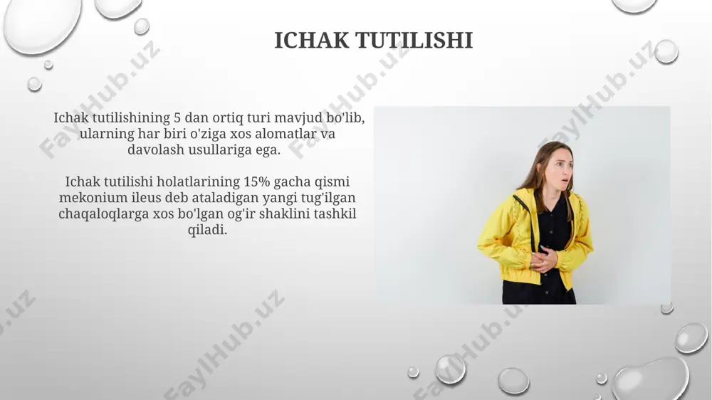 adi va ularning kattaligi va miqdori kasallikning og'irligiga ta'sir qiladi, jarrohlik aralashuvini talab qilishi mumkin. safro toshi kasalligi bilan og'rigan bemorlarning 80%ida simptomlar mavjud emas, faqatgina tasodifan tekshiruvlar paytida aniqlanadi. ichak yallig'lanishi ichak yallig'lanishini davolashda antibiotiklar, probiotiklar va yallig'lanishga qarshi dorilar, shuningdek, parhezga rioya qilish kabi usullar qo'llaniladi, davolash kursi odatda 2-4 hafta davom etadi. ichak yallig'lanishining 10 dan ortiq turlari mavjud bo'lib, ularning har biri turli xil bakteriyalar, viruslar yoki parazitlar sababli kelib chiqishi mumkin. kriptosporidioz kriptosporidiya parazitining tuxumlarining yuqori qarshilikka ega bo'lishi tufayli, suvda 2 haftadan ortiq, tuproqda esa 6 oygacha faol holatda qolishi mumkin, shu sababli suv manbalarining yuqumsizlanishi muhim ahamiyat kasb etadi. kriptosporidiozni davolashda nitazoksanid preparati samarali hisoblanadi, ammo ba'zi hollarda kasallikning o'tkir davri 2-3 hafta davom etishi mumkin, immunitet tizimi zaiflashgan odamlarda esa uzoqroq davom etishi mumkin. divertikulit divertikulit ko'pincha 50 yoshdan oshgan odamlarda uchraydi va yo'g'on ichakning chap tomonida, sigmoid kolon deb ataladigan qismida …