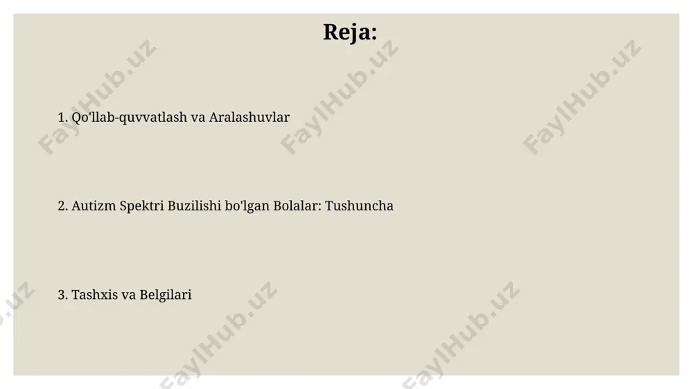 taxminan 60% ga yaxshilashga yordam beradi. "savol-javob" orqali autizm spektridagi 7 yoshdan 12 yoshgacha bo'lgan bolalar ijtimoiy ko'nikmalarni o'rganish uchun 5 ta asosiy qoidani, masalan, navbatni kutishni va muloqotni o'rgatishga qaratilgan mashg'ulotlarda qatnashadi. asdning diagnostikasi diagnostika jarayonida bir nechta mutaxassislar ishtirok etadi, jumladan, pediatrlar, nevrologlar, psixologlar va nutq terapevtlari. dsm-5 kriteriyalari asosida autizm spektri buzilishining diagnostikasi aniqlanadi. asdning diagnostikasi terapiya va aralashuvlar nutq va til terapiyasi 3 yoshdan boshlab bolalarga kommunikatsiya ko'nikmalarini rivojlantirishga yordam beradi. terapevtlar 25 dan ortiq turli usullardan foydalangan holda so'zlashuv va tushunishni yaxshilashga intiladi. applied behavior analysis (aba) terapiyasi - asd bo'lgan bolalar uchun keng tarqalgan yondashuv bo'lib, xatti-harakatlarni 7 tamoyil asosida shakllantirishga qaratilgan, bunda ijobiy rag'bat muhim ahamiyatga ega. ta'lim strategiyalari asd bo'lgan bolalar uchun vizual qo'llanmalar juda muhim. rasmlar, ro'yxatlar va jadvallar kabi vizual vositalar bolaga kundalik tartibni tushunishga va 10dan ortiq topshiriqlarni bajarishga yordam beradi. "pecs" (rasm almashish aloqa tizimi) - asdli bolalar …