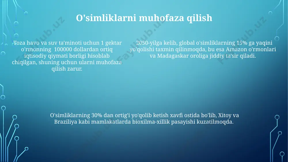 30% dan ortiq qismini egallaydi va fotosintez jarayoni orqali yillik 150 milliard tonnadan ortiq organik modda hosil qiladi, bu butun biosferaning muvozanatini ta'minlaydi. o'simliklarning turli xil turlari, masalan, 1500 dan ortiq turdagi o'simliklar mavjud bo'lgan o'zbekistonning tog'li hududlarida, biosferaning bioxilma-xilligini oshiradi va tuproq eroziyasini kamaytiradi. amazon o'rmonlari kabi tropik o'rmonlar, biosferaning o'pkalari sifatida, dunyo kislorodining taxminan 20% ni ishlab chiqaradi va global iqlimni tartibga soladi. e'tiboringiz uchun rahmat @taqdimot_robot image1.png image2.png image3.png image4.png image5.png