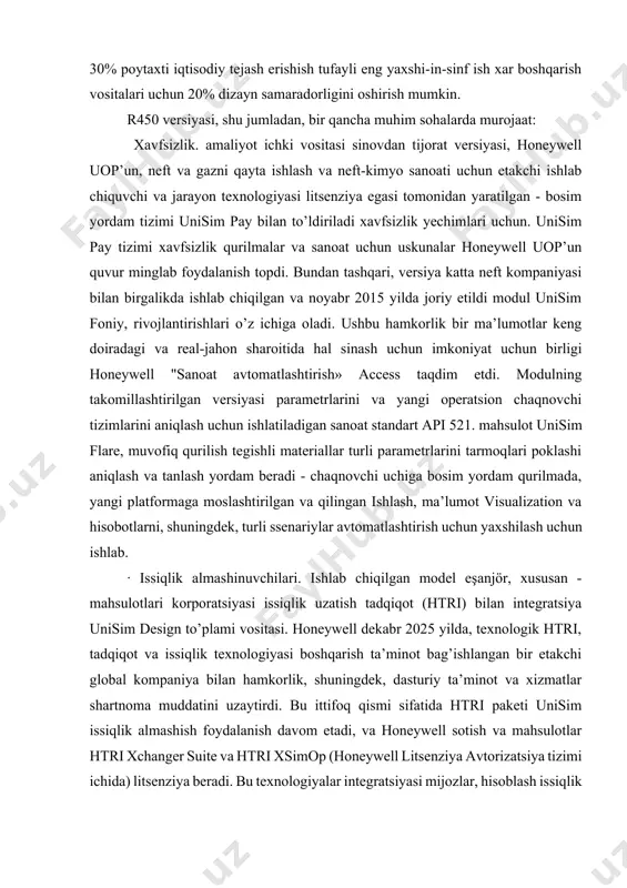 gratsiyasi mijozlar, hisoblash issiqlik eşanjörü dizayn va simülasyon uchun sanoatida vositalarini keng kirishga ruxsat beradi. · mahsulot oqimlari va suv osti operatsiyalari boshqarish. r450 unisim design paket versiyasi ko’p aralashmalarning uchun statsionar va dinamik modellarini yaratish ko’p oqimlari bosimini oshirish uchun texnologiyalarini rivojlantirish bo’yicha qo’llab-quvvatlash, (mpp) haydaydi beradi. ular ishlab chiqarish quduqlari tijorat hayotiyligini oshirishga imkon buyon ko’p aralashmalarning uchun nasoslar, suv osti operatsiyalari davomida oqimi nazorat qilish uchun, ayniqsa, muhim ahamiyatga ega. quvurlarining modeli hidrat va muz mumkin qum eroziyasi hisoblash va bashorat usullari tashqari tomonidan kengaytirildi. nihoyat, yangi versiyasi unisim design to’plamga mahsulot calsep pvtsim bosimi, hajmi va harorati (pvt) haqida xarakterli ma’lumotlarni import soddalashtirilgan va shunday qo’lda ma’lumotlarni kiritish zarurati xatolarni joriy etish ehtimolini kamaytirish, ularning görselleştirme yaxshilandi. · neftni qayta ishlash jarayonlarini qo’llab-quvvatlash. neft tozalash jarayonlarini modellashtirishni soddalashtirish uchun unisim design to’plamining yangi versiyasi xom neft tahlil qilish modulini o’z ichiga oladi. nazorat savollari: 1. unisim …