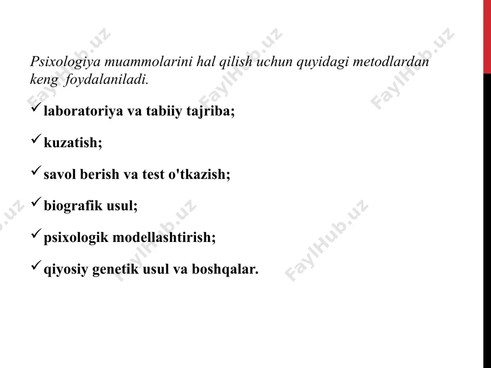 a xos jihatlarini o'rganadigan maxsus sohasi; - pedagogik psixologiya - kishiga ta'lim va tarbiya berishni psixologik qonuniyatlarini o'rganishni o'z predmeti deb biladi; savdo psixologiyasi harbiy psixologiya yuridik psixologiya mehnat psixologiyasi umumiy psixologiya pedagogik psixologiya yosh davr psixologiyasi ijtimoiy psixologiya 0 - yosh davr psixologiyasi - turli yoshdagi odamlarning tug'ilgandan to umrining oxirigacha psixik rivojlanish jarayonini, shaxsning shakllanishi va o'zaro munosabatlari qonuniyatlarini o'rganadi; - ijtimoiy psixologiya - odamlarning jamiyatdagi birgalikdagi ish faoliyatlari natijasida ularda hosil bo'ladigan tasavvurlar, fikrlar, e'tiqodlar, hissiy kechinmalar va xulq-atvorlarini o'rganadi; - mehnat psixologiyasi - kishi mehnat faoliyati psixologik xususiyatlarini, mehnatni ilmiy asosda tashkil etishning psixologik jihatlarini o'rganadi; hayvonlar psixologiyasi zoopsixologiya- bu hayvonlarning nerv sistemasi taraqqiyotiga, biologik sistematikasiga (hayvonlarning har xil turiga), shuningdek yashash tartibi xususiyatlariga binoan ularning psixik hayot formalarini o`rganadigan fan. bu psixologiyaning asosiy problemasi “hayvonlar aqliy taraqqiyotining tarixi”dir. bu psixologiya har xil hayvonlar psixikasini bir-biriga taqqoslab, qiyos qilib o`rgangani uchun, qiyosiy psixologiya deb ataladi. bu …