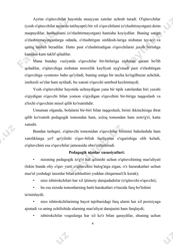 o'zgarishiga olib keladi, o'qituvchini esa o'quvchilar jamoasida obro'sizlantiradi. pedagogik nizolar xususiyatlari: · nizoning pedagogik to'g'ri hal qilinishi uchun o'qituvchining mas'uliyati (lekin bunda oliy o'quv yurti o'qituvchisi balog'atga etgan, o'z hararakatlari uchun mas'ul yoshdagi insonlar bilan ishlashini yoddan chiqarmasuk kerak); · nizo ishtirokchilari har xil ijtimoiy darajadadirlar (o'qituvchi-o'quvchi); · bu esa nizoda tomonlarning hatti-harakatlari o'rtasida farq bo'lishini ta'minlaydi; · nizo ishtirokchilarining hayot tajribasidagi farq ularni har xil pozisiyaga ajratadi va uning echilishida ularning mas'uliyat darajasini ham farqlaydi; · ishtirokchilar voqealarga har xil ko'z bilan qaraydilar, shuning uchun o'qituvchi uchun talaba ichki kechinmalarini tushunish qiyin bo'lsa, talabaga o'z hissiyotlarini boshqarish qiyindir; · pedagogik nizo odatda boshqa talabalar guvohligida bo'lib o'tadi va ular uchun ham tarbiyaviy ahamiyatga ega; (vazifa - talqin) · o'qituvchining kasbiy pozisiyasi uni nizoni echishda tashabbusni o'z qo'liga olishga va birinchi o'ringa shakllanayotgan shaxsning manfaatlarini qo'yishga majburlaydi; · har bir xato yana boshqa nizolarni keltirib chiqaradi; · nizoni yechgandan ko'ra …
