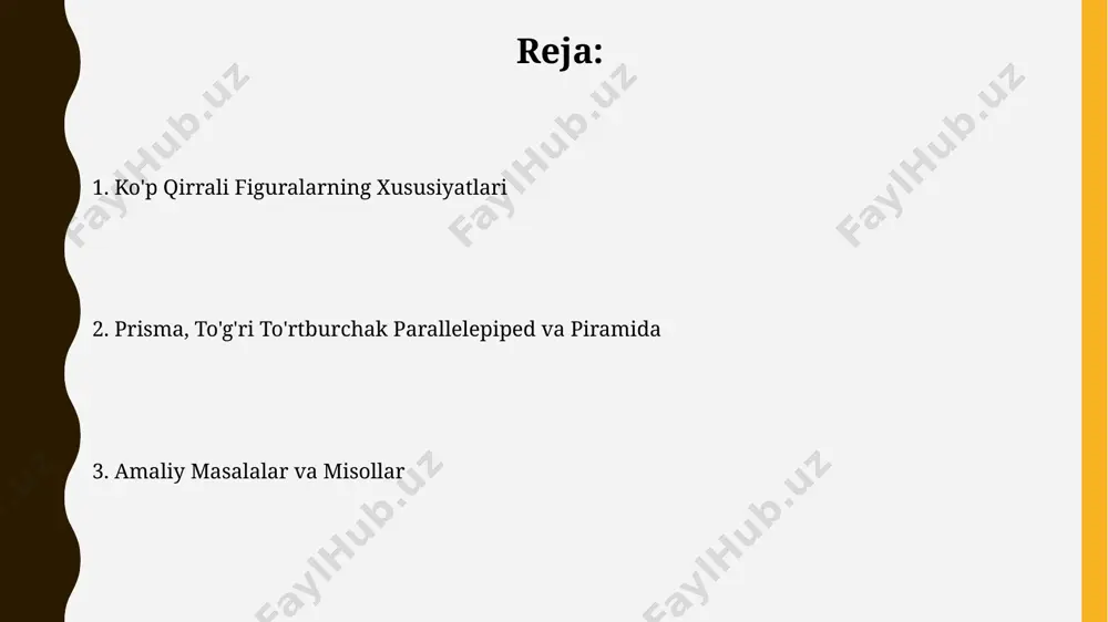 arur. parallelepipedlarning 6 ta yuzasi bor, ularning har biri qarama-qarshi yuzalar parallel va teng bo'ladi. masalan, 3x4x5 o'lchamdagi to'g'ri burchakli parallelepipedning hajmi 60 kub birlikka teng bo'ladi. bu xususiyat geometriyada muhim ahamiyatga ega. piramida misr piramidalarining eng kattasi, xufu piramidasi, taxminan 2,580,000 tona toshdan qurilgan bo'lib, uning balandligi 146 metrni tashkil etgan. to'rtburchak piramida asosining maydoni uning balandligi va yon tomonlarining uzunligiga bog'liq bo'lib, aniq hisob-kitoblar geometriya formulalaridan foydalanib amalga oshiriladi. masalan, asosining tomoni 10 metr va balandligi 8 metr bo'lgan to'rtburchak piramidaning hajmini hisoblash mumkin. prismalar, parallelepipedlar va piramidalarning taqqoslash prizmalar uchburchak, to'rtburchak va boshqa ko'pburchakli asoslarga ega bo'lishi mumkin, parallelepipedlar esa faqat to'rtburchaklar asosga ega, masalan, 6 ta to'g'ri burchakka ega bo'lgan to'g'ri parallelepipedlar misr piramidalariga o'xshamaydi. to'g'ri prizma va to'g'ri parallelepipedlarning yon yuzlari to'g'ri to'rtburchaklar bo'lib, hajmlarini hisoblash formulalari bir-biridan farq qiladi, 5 sm balandlikdagi kubning hajmi 125 kub sm, lekin 5 sm balandlikdagi uchburchak prizmaning hajmi …