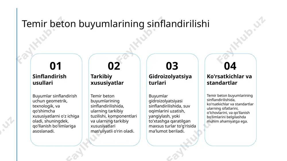 u slide dizayni va qurilishining asosiy xususiyatlarini ta'kidlaydi. bulutlar: materiallar, dizayn prinsiplari, qurilish usullari. photo by 맥심 on unsplash temir beton buyumlari inshooti va foydalanishi inshooti foydalanishi ko'rsatkichlar temir beton buyumlari inshooti qanday bo'lishi kerakligi, ularning qanday tuzilishi va qanday bosqichlardan o'tkazilishi haqida ma'lumotlar. temir beton buyumlari qanday foydalaniladi, ularning qanday muammolar va masalalar yuzaga kelishi, tasavvur qilinadigan foydalanish sohalari. temir beton buyumlari inshooti va foydalanishining ko'rsatkichlarini tushunish, ularning qanday foydalanish tartibi va muhimligi haqida tafsilotlar. turli turlardagi temir beton buyumlari haqida tushuncha turli turlar bu bo'limda temir beton buyumlari turli turlari haqida tushuncha beriladi, ularning xususiyatlari va foydalanish bo'limlari sharhlangan. qo'llanish temir beton buyumlari qanday holatda va qanday loyihalarda foydalanilishi, ularning amaliyotda qanday ishlaydi haqida tushuncha. dizayn buyumlar dizayni va qurilish usullari, ularning murakkablik darajasi va qanday dizaynga ega bo'lishi to'g'risida ma'lumotlar beriladi. temir beton buyumlari xususiyatlari va manfaatlari temir beton buyumlari, qurilish sohasida asosiy elementlar hisoblanadi. ularning xususiyatlari …