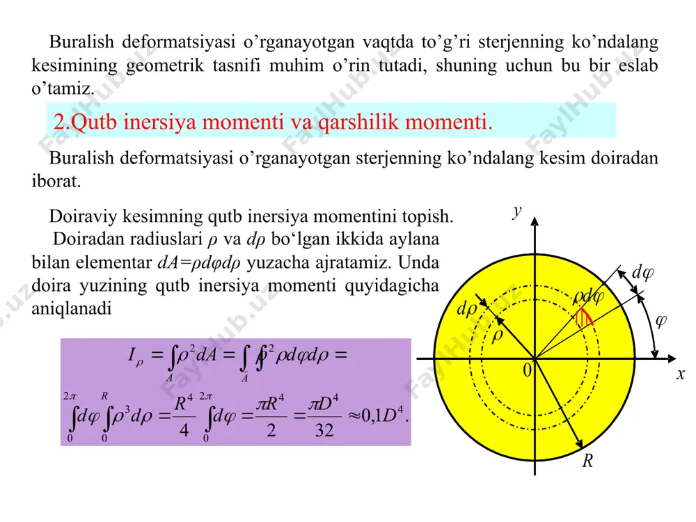 ri quyidagi formulalarga asosan topiladi: halqa kesimning inersiya momentlari tashqi va ichki doiralar inersiya momentlarining ayirmasiga teng bo‘ladi. qutb inersiya momenti quyidagi formuladan aniqlanadi: markaziy koordinata o‘qlariga nisbatan inersiya momentlari quyidagi formuladan aniqlanadi: 3.buralishdagi deformatsiya. buralish deformatsiyasini yaqqol tasavvur qilishimiz uchun, doiraviy sterjenning yon sirtiga yasovchilariga parallel bo‘lgan bo‘ylama chiziqlar va ko‘ndalang kesim yuzalarining konturini hosil qiluvchi aylanalar bilan to‘r hosil qilamiz. sterjen buralganda hosil bo‘lgan deformatsiya natijalaridan quyidagi xulosalarga kelish mumkin: a) deformatsiyagacha tekis bo‘lgan ko‘ndalang yuzasi, sterjen buralgandan keyin ham tekisligicha, kesim gardishi aylanaligicha, radiusi esa to‘g‘ri chiziqligicha qoladi; b) har bir ko‘ndalang kesim qo‘shni kesimga nisbatan brus o‘qi atrofida ma’lum burchakka aylanadi. bu burchak buralish burchagi deyiladi. buralish burchagi burovchi momentga va ko‘ndalang kesimlar oralig‘iga proporsionaldir; v) brusning barcha yasovchilari bir xil burchakka og‘adi va silindr sirtiga chizilgan kvadratlar bir xilda qiyshayib romb shaklini oladi; g) brus buralganda ko‘ndalang kesim oraliqlari o‘zgarmaydi, ya’ni brus cho‘zilmaydi ham siqilmaydi …