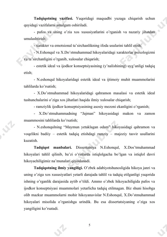 foydalanish mumkin. natijalarning joriy qilinishi. tadqiqotda keltirilgan dalillar, tahlillar, ilmiy xulosalardan hozirgi adabiy jarayonga bag’ishlanan nazariy kurslar, amaliy seminarlarda foydalanish mumkin. tadqiqot yuzasidan qarshi davlat universitetda o’tkaziladigan ilmiy anjumanlarda, o’zbek adabiyoti kafedrasidagi nazariy seminarlarda ma’ruzalar qilinib asosiy ilmiy tezislar ilmiy jamoatchilik etiboridan o’tkazilgan. tadqiqotning tuzilishi va hajmi. dissertatsiya, kirish, uchta asosiy bob, olti fasl, umumiy xulosalar va foydalanilgan adabiyotlar ro’yxatidan iborat. i.bob. pafos va uning o’ziga xos xususiyatlari i.1. xarakter va emotsionallik ҳар бир адабий асар ёзувчининг айни маҳалда қандай ғояларнинг мафтуни эканидан, ҳаётда нималарни тасдиқлаб, нималарни рад этаётганидан далолат сифатида майдонга келади. шу билан, бирга ҳар бир асарнинг ана шундай руҳи ҳамда ёзувчининг бутун ижодий маҳсулоти ва ҳатто ҳаёти, ижтимоий фаолияти орасида умумийлик бор. ёзувчи ўз асарини беихтирос, бефарқ ёзолмайди. ҳар бир асарга ҳарорат берган эҳтирос эса ёзувчининг бутун ижодини ва маънавий ҳаётини ичидан тўлдириб турган интилишнинг, фидокорликнинг, қисқаси, зўр эхтироснинг учқунидир холос. бу эхтирос ҳар бир йирик ёзувчида …