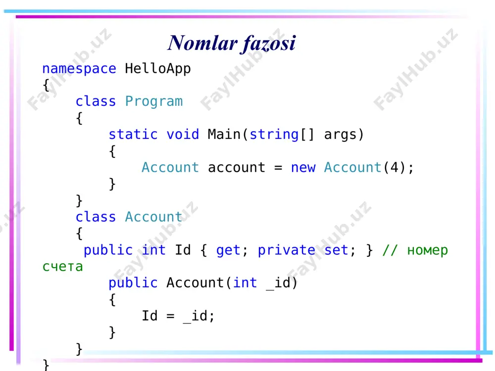 port qilish mumkin: using static system.console; using static system.math; using static helloapp.geometry; namespace helloapp { class program { static void main(string[] args) { double radius = 50; double result = getarea(radius); //geometry.getarea writeline(result); //console.writeline read(); // console.read } } 13 taxalluslar class geometry { public static double getarea(double radius) { return pi * radius * radius; // math.pi } } } 14 sinf alohida faylda… c # dagi har bir sinf uchun o'z .cs faylini yaratishi to'g'rimi? yoki c # sinflarini bitta .cs faylida yozish kerakmi? qoida c # da yangi sinf uchun alohida .cs fayli yaratilishi kerak. izoh amaliyotda juda qulay. nima uchun bitta .cs faylida ko'plab c # sinflarining bo'lishi yomon? .cs faylining nomi bo’yicha u qanday c # sinflarini o'z ichiga olganligini aniqlash qiyin. agar bitta .cs fayli bitta sinfni o'z ichiga oladigan bo'lsa, unda fayl nomi c # sinfining nomi bilan bir xil bo'ladi. • kerakli …
