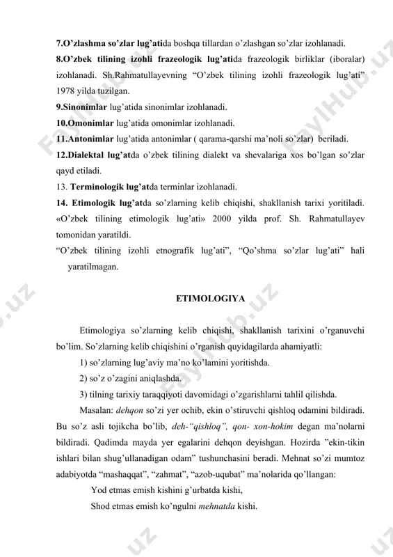 ’quvchi bilimini boyitishga xizmat qiladi. 1. o’zbek tilidagi turkiy so’zlar asosan ikki bo’g’inli, qisman bir va uch bo’g’inli bo’lib, to’rt va undan ortiq bo’g’inli so’zlar juda kam. 2. bir bo’g’inli so’zlar qadimgi turkiy tilga mansub bo’lib, hozirgi o’zbek tili nuqtai nazaridan tub deb qaraladi. qadim turkiy so’zlar undosh- unli- undosh (sus) shaklida bo’lgan o’zaklarga asoslangan. 3. turkiy tillarga, jumladan o’zbek tiliga bir bo’g’in tarkibida ikki undoshning ketma-ket kelishi xos emas. o’zbek tilida uchraydigan berk, bo’rk, art burch, bo’rt so’zlari oxiridagi undosh aslida qo’shimcha sifatida keyin qo’shilgan: ber-ik-berk, bo’ru-k-bo’rk; ari-t-art, bur-uch-burch, bo’r-ut-bo’rt. 4. qadimgi turkiy tilda (o’zbek tilining dastlabki taraqqiyot bosqichida) so’z yasovchi qo’shimchalar hozirdagiga nisbatan ko’p va xilma-xil ko’rinishlarda mavjud bo’lgan. bugungi kunda ma’noli qismlarga ajratiladigan so’zlarning ko’pi qadimgi turkiy til davrida yasalgan. ayrim so’zlar etimologiyasiga e’tibor bering. qo’shiq- “ashula”. ko’cha tomonda childirma va qo’shiq eshitildi (parda tursun). qo’shiq1 so’zi qadimgi turkiy tilda “birlashtirish” ma’nosidagi qo’sh fe’liga-(u-g’ ot yasovchisini qo’shish …