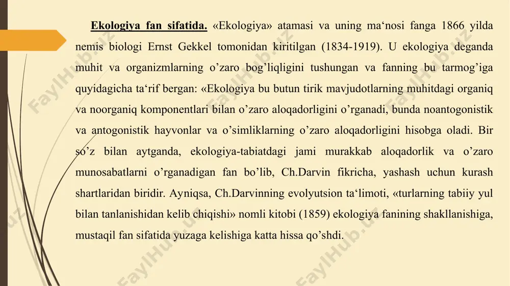 amiyatga ega, biroq o’z o’rnida «tabiatda noqulay ob-havoning o’zi yo’q». shunga qaramasdan, yashash muhitining yomonlashishi muhitga nisbatan befarq munosabatda bo’lganda organizmlarga salbiy ta‘sir etadi. muhit yomonlashishni qabul qilmaydi, ularni faqat organizmlargina qabul qiladi. shuning uchun ham ekologiya o’z ishi faoliyati davomida zoologiya, botanika, mikrobiologiya, fiziologiya, genetika, biokimyo, evolyutsion biologiya, geologiya, poleontologiya va boshqa fanlarning ma‘lumotlari va uslublariga tayangan holda ish ko’radi. bu fanlardan ekologiya ko’pgina izlanish uslublarini va qisman asosiy tushuncha va atamalarni qabul qilgan. boshqa jihatdan biz «muhit» deb tushunayotgan element geologiya, geokimyo, geofizika, tabiiy geografiya, gidrologiya, tuproqshunoslik va yer to’g’risidagi boshqa fanlarning asosiy o’rganish manbaidir. shunday qilib ekologiyani biologiya va yer to’g’risidagi fanlarning qo’shilishidan hosil bo’lgan, deb qarash mumkin. lekin ekologiya va atrof muhit himoyasi vazifalari ko’p hollarda injenerlik va texnologik usullar bilan hal etiladi (chiqindilarni qayta ishlash, kommunal va sanoat oqimlarini tozalash, energiyaning noan‘anaviy usullardan foydalanish va boshqalar). shuning uchun ham ekologiya ayniqsa, uning tarmog’i hisoblangan amaliy …