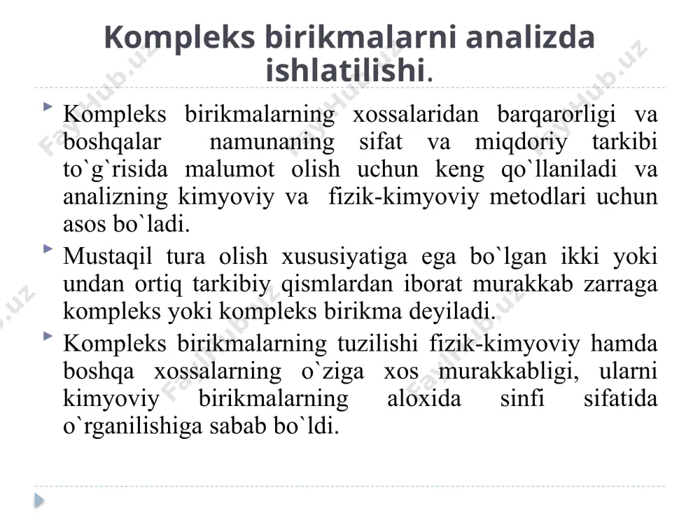 a, merkurimetriya, ftorometriya va boshqa usullarga bolinadi. bu usullar orasida kompleksonometrik usullar eng ko‘p tarqalgan va ular boshqa usullarga ko‘ra talaygina afzalliklarga ega. bular qatoriga hosil bo‘ladigan komplekslarning barqarorligi kompleksonlarning nisbatan arzonligi va eng muhimi xavfsizligi singarilar kiradi. komplesonometriya komplekslar hosil qilish reaktsiyalariga asoslangan. reaktsiyalar orasida titirimetriyada noorganik ligantlar ishtirokida simob galogenidlar, alyuminiy oztoridlar, tsirkoniy, toriy ftoridlar va og’ir metallar( nikel, kobolt, rux va boshqalar) tsionidlar hosil qilish reaktsiyalari ham qo’llaniladi. merkuriymetriya, oztoridonimetriya, va tsianidometriya ligantlar ana shunday komplekslar hosil qilishga asoslangan. polidentat organik reagentlarni qo’llash bilan titirlash kompleksonometriya deyiladi. komplekslarni analitik organik reagentlarni qo’llanilishi 1945 yilda g.shvartsenbax va uning shogirtlari tomonidan birinchi bo‘lib amalga oshirilgan. xozirga kelib bu metod juda yaxshi rivojlandi va takomillashdi xamda amalda keng qo’llanib kelinmoqda. analiz mohiyati kompleksonometriya- titirlash metodi bo’lib aniqlanadigan ionlarni (yoki qismlarni) bazi organik reagetlar bilan kompleks birikmalar xosil qilashiga asoslangan . metallarning ionlari amalda komplekslar bilan darxol birikib doimiy tartibli suvda …