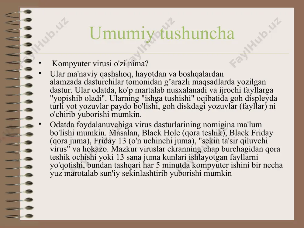 i. shuning uchun fayl viruslarini quyidagi guruhlarga bo'lish mumkin: - vena guruhi. uning birinchi s-648 deb nomlanuvchi vakili venada topilgan; - cascade guruhi. rc-1701 deb nomlanuvchi birinchi vakili 1988 yil o'rtalarida topilgan; - quddus guruhi. rce-1813 deb nomlanuvchi uning birinchi vakili 1987 yilning oxirida quddus universitetida topildi; - tr viruslar guruhi - mazkur viruslar, taxminlarga ko'ra, bolgariyada ishlab chiqilgan. o'z navbatida bu guruh uch kichik guruhga bo'linadi. vacsine, "musiqali qayta yuklash" va "o'z-o'zini yeb qo'yuvchilar". buzish darajasi bo'yicha viruslarni shartli ravishda ikki turga -"illyuzion" va "vandallar" ga bo'lish mumkin. "illyuzion" guruh qandaydir yoqimli musiqa sadosi yoki namoyish orqali virusni yuqtiradi. boot viruslari fayl viruslaridan tubdan farq qiladi. boot viruslarining soni fayl viruslariga qaraganda ancha kam va shuningdek, ular sekinroq tarqaladi. fayl viruslari kabi ko'p tarqalgan boot viruslari ham shtammlarga ega. hozirgi vaqtda ushbu viruslarni quyidagi guruhlarga ajratish mumkin: - italiya guruhi. "bxl-1s-a" deb nomlanuvchi uning birinchi vakili 1987 yilning oxirida …