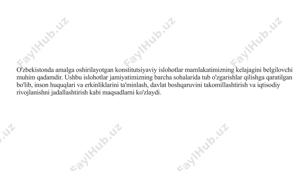 davlat qurishga xizmat qiladi, bu erda qonun ustuvorligi ta'minlanadi. qonunlar adolatli va hamma uchun teng bo'lishi kerak. adolatli jamiyat islohotlar adolatli jamiyat qurishga qaratilgan bo'lib, bu erda har bir fuqaro o'z huquqlaridan foydalana oladi. ijtimoiy himoya kuchaytiriladi va imkoniyatlar tengligi ta'minlanadi. barqaror rivojlanish islohotlar mamlakatning barqaror rivojlanishini ta'minlaydi, bu iqtisodiy o'sish, ijtimoiy farovonlik va ekologik barqarorlikni o'z ichiga oladi. kelajak avlodlar uchun munosib hayot ta'minlanadi. 1.7.2013 8 ‹#› konstitutsiyaviy islohotlar: kelajak sari qadam konstitutsiyaviy islohotlar o'zbekistonning kelajagini belgilovchi muhim qadamdir. ushbu islohotlar natijasida biz huquqiy davlat, adolatli jamiyat va barqaror rivojlanishga erishamiz. har bir fuqaro o'z huquqlaridan to'liq foydalanishi va jamiyat hayotida faol ishtirok etishi uchun imkoniyat yaratiladi. ushbu islohotlar mamlakatimizning xalqaro maydondagi obro'sini oshiradi va o'zbekistonni yanada rivojlangan davlatlar qatoriga olib chiqadi. konstitutsiyaviy islohotlar - yangi o'zbekistonning poydevoridir! 1.7.2013 9 ‹#› e’tiboringiz uchun rahmat! image1.png image2.png image3.png image4.png image5.png image6.png image7.png image8.png image9.png image10.png image11.png image12.png image13.png /docprops/thumbnail.jpeg