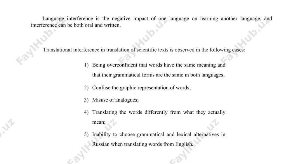 lture of the mother tongue and the structure of communicative communication in the second language are the same. for example: in the process of communication, if an uzbek does not hear a word well, he/she asks “what?” if in such situations he/she says to an englishman “what?” it sounds very rude. instead, one should say “excuse me?” or during a meal, uzbeks often ask guests “take it!” saying “take it” to a foreign guest is the result of cultural interference, and it would be appropriate to say “please help yourself”. below we observe the interference of russian in learning english: russian phrase word-for-word translation proper translation часовой пояс time belt time zone прямая трансляция direct translation/broadcast live выпить таблетку drink a pill take a pill баскетбольный мяч a basketball ball а basketball с прошедшим днем рождения! happy passed birthday! happy belated birthday! прийти на чей-то день рождения come to somebody’s …