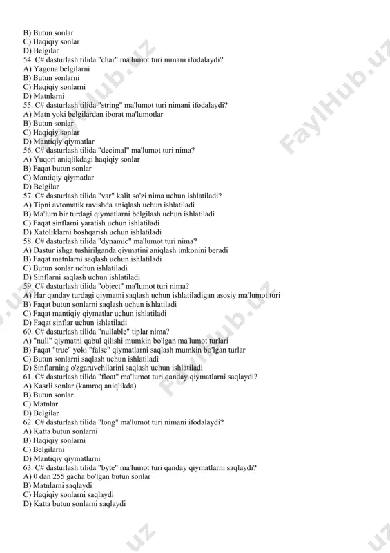 motlarni chiqarish uchun ishlatiladi 51. c# dasturlash tilida "long" ma'lumot turi nimani ifodalaydi? a) butun sonlar b) haqiqiy sonlar c) belgilar d) matnlar 52. c# dasturlash tilida "double" ma'lumot turi qanday qiymatlarni saqlaydi? a) haqiqiy sonlar (kasrli sonlar) b) butun sonlar c) matnlar d) mantiqiy qiymatlar 53. c# dasturlash tilida "bool" ma'lumot turi qanday qiymatlarni saqlaydi? a) haqiqiy (true) yoki noto'g'ri (false) qiymatlar b) butun sonlar c) haqiqiy sonlar d) belgilar 54. c# dasturlash tilida "char" ma'lumot turi nimani ifodalaydi? a) yagona belgilarni b) butun sonlarni c) haqiqiy sonlarni d) matnlarni 55. c# dasturlash tilida "string" ma'lumot turi nimani ifodalaydi? a) matn yoki belgilardan iborat ma'lumotlar b) butun sonlar c) haqiqiy sonlar d) mantiqiy qiymatlar 56. c# dasturlash tilida "decimal" ma'lumot turi nima? a) yuqori aniqlikdagi haqiqiy sonlar b) faqat butun sonlar c) mantiqiy qiymatlar d) belgilar 57. c# dasturlash tilida "var" kalit so'zi nima uchun ishlatiladi? a) tipni avtomatik …