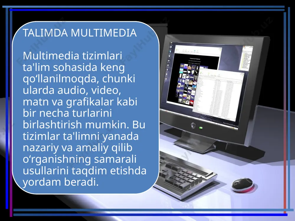 h analogli audio va videosignallarni rakamli ekvivalentga kushish va uning teskarisi uchun zarur bulgan analogli-rakamli (aru) va rakamli-analogli uzgartirgich (rau) videoprostestorlar, dekoderlar maxsus integral chizmalar va boshkalar xam zarur. xulosa darslardagi muammolarni hal qilishda yordam beradi. bu esa darsliklarni qisqa va tushunarli ko'rinishda oʻquvchilarga taqdim etish uchun boʻladi. multimedia tizimlari, masalan, interaktiv testlar, animatsiyalar, onlayn maʼruzalar va boshqalar orqali oʻquvchilarning tushunchalarini kuchaytirishda muhim ahamiyatga ega. ular oʻqituvchilar va oʻquvchilar oʻrtasidagi aloqani kuchaytirishga yordam beradi va dars sifatini oshirib boradi. etiboringiz uchun rahmat! xayr audio1.wav image3.jpeg image4.png image5.jpeg image6.png image7.jpeg image8.png image9.png image10.jpeg image11.png image12.jpeg image13.jpeg image14.png image15.jpeg image16.jpeg image17.jpeg image18.png image19.jpeg image21.jpeg image22.jpeg image1.jpeg image2.png /docprops/thumbnail.jpeg