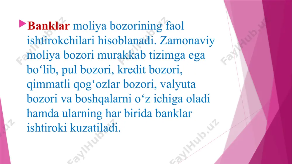 haqli emaslar. yuridik yoki jismoniy shaxs yoxud oʻzaro kelishuv bilan bogʻlangan yoki bir-birining mol-mulkini nazorat qiluvchi yuridik va jismoniy shaxslar guruhi tomonidan bir yoki bir necha bitim natijasida bank aksiyalarining 5 foizidan ortigʻini olish oʻzbekiston respublikasi markaziy banki xabardor qilinishini, 20 foizidan ortigʻini olish uchun esa, oldindan uning roziligini olishni talab qiladi. oʻzbekiston respublikasi markaziy bankining oldindan roziligini olish tartibi oʻzbekiston respublikasi vazirlar mahkamasi tomonidan belgilanadi. investorlarning pul mablag‘larini jalb etish va ularni investitsiya aktivlariga qo‘yish maqsadida aksiyalar chiqarishni amalga oshiruvchi yuridik shaxs — aksiyadorlik jamiyati investitsiya fondidir. investitsiya fondi quyidagi turda bo‘lishi mumkin: o‘zi chiqargan aksiyalarni qaytarib sotib olish majburiyatiga ega bo‘lgan investitsiya fondi; o‘zi chiqargan aksiyalarni qaytarib sotib olish majburiyatiga ega bo‘lmagan investitsiya fondi. investitsiya fondining turi fondning ta’sis hujjatlarida ko‘rsatiladi. pay, hissa — firma, kompaniya, jamiyat, shirkatning umumiy kapitalida muayyan jismoniy yoki yuridik shaxs hissasiga toʻgʻri keladigan pul badali summasi yoki ulush. pay egasi oladigan daromad, dividend, …