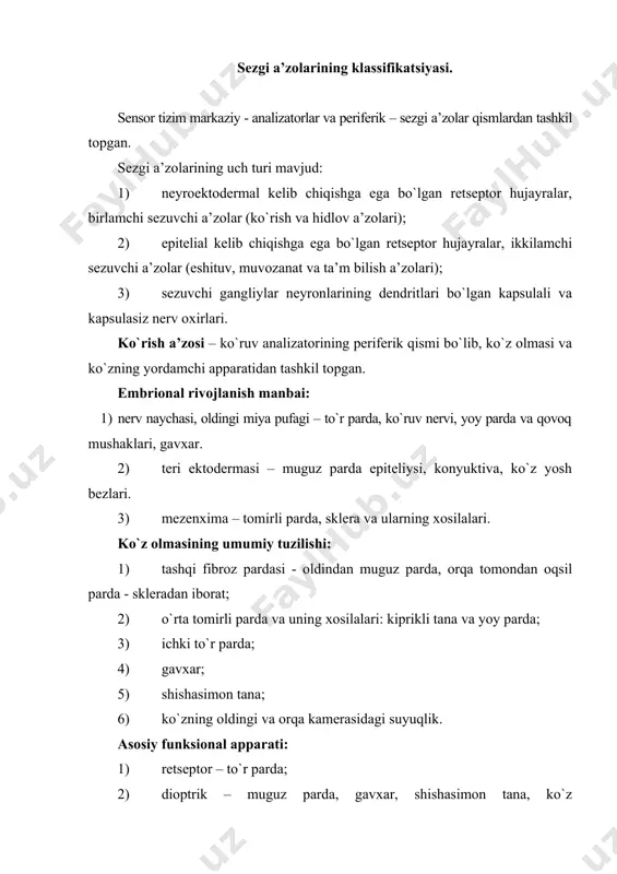 parda atrofi-da qon tomirlar tutuvchi limb mavjud. muguz parda chegarasida tarmoqlan-gan bo`shliqlar – shlemmov kanal, ko`zning oldingi kamerasidan suyuqlikni so`rilishini ta’minlovchi venoz sinus joylashgan. muguz parda - ko`zning dioptrik apparatiga tegishli, 5 qavatdan tashkil topgan: 1) oldingi epiteliy – konyunktiva epiteliysiga o`tuvchi ko`p qavatli yassi muguzlanmaydigan epiteliydan tashkil topgan. 2) oldingi chegaralovchi plastinka (boumen membranasi) – fibrillyar tuzilishga ega. 3) asosiy yoki xususiy modda – zich shakllangan biriktiruvchi to`qimadan iborat bo`lib, orasida fibroblastlar joylashgan kollagan tolali plastinkalardan iborat. qon tomirlari tutmaydi. 4) orqa chegaralovchi plastinka (dessement pardasi) – fibrillyar tuzilishga ega. 5) orqa epiteliy – bir qavatli epiteliy (mezoteliy) dan tuzilgan. muguz pardanining tiniqligini ta’minlovchi omillar: 1) epiteliy yuzasining juda tekisligi; 2) xususiy moddada qon tomirlar bo`lmaydi; 3) xususiy modda tarkibida suv kam, keratinsulfat miqdori esa ko`p bo`ladi; 4) xususiy moddada va chegaralovchi membranalarda kollagen tolalar tartibli joylashgan. gavhar – gavxar tolalaridan tuzilgan (yadrosiz, kristallin oqsili) bo`lib, ular markazda gavxar …