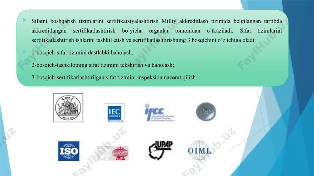 taqsimlang. 3. buyurtmani ishlab chiqarishga o’tkazish. 4. ishlab chiqarish jarayonida moddiy nazorat. 5. mahsulotni tasdiqlash. 6. mahsulotlar sifatini tekshirish va olingan natijalarni baholash. 7. mahsulotlarni qadoqlash va yetkazib berish nazorat operatsiyalarining turlari mahsulot sifatini nazorat qilish shakllari va turlarining xilma-xilligi nazorat operatsiyalarining quyidagi turlarini ajratishga imkon beradi: mahsulotning hayot aylanish bosqichlari bo’yicha: yangi mahsulotlar dizaynini nazorat qilish; mahsulot ishlab chiqarish va sotishni nazorat qilish; ish yoki iste’molni nazorat qilish. boshqarish ob’ektlari bo’yicha: mehnat ob’ektlarini nazorat qilish; ishlab chiqarish vositalarini nazorat qilish; texnologik nazorat; mehnat sharoitlarini nazorat qilish. sifat nazoratining davlat darajasi shunday qilib, ishlab chiqarilayotgan va sotilayotgan mahsulotlar sifatini tekshirish, shuningdek, qonunbuzarlarga nisbatan turli ta’sir choralarini qo’llashda milliy darajada quyidagilar ishtirok etadi: rossiya davlat standarti va uning hududiy organlari; mahsulotlar, ishlar, xizmatlar, sifat tizimlari va ishlab chiqarishni sertifikatlash organlari; bojxona va monopoliyaga qarshi nazorat organlari; sud organlari va davlat arbitraj organlari; mahalliy hokimiyat komissiyalari. sifatni nazorat qilishning sanoat darajasi sanoat …