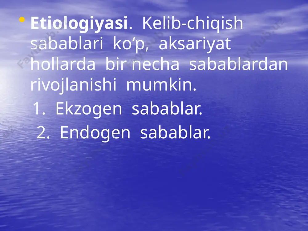 urunkali yalligianishi kasalliklari asosiy o‘rinni egallaydi. 0 ‘tkir gastrit o‘z vaqtida davolanmasa, surunkali gastrit rivojlanishi mumkin. kasallikning ko‘p uchraydigan belgilariga zarda qaynashini kiritish mumkin. zarda qaynashiga me’da muskulining keskin qisqarishi sabab boiadi, uning shirasi, xususan, xlorid kislota qizilo‘ngachning pastki qismiga otilib chiqadi va shilliq pardasini ta’sirlantirad. zarda qaynashidan tashqari, achchiq kekirish va qayt qilish kuzatiladi. sekretor yetishmovchilik bilan o‘tadigan gastritda to‘sh osti sohasida oz-moz og'riq, og‘irlik sezgisi, yeyilgan ovqat, palag‘da tuxum yoki havo bilan kekirish qayd etiladi.bunda bemoming umumiy ahvoli unchalik yaxshi bo‘lmaydi, ishtahasi yomonlashadi, mehnat qobiliyati pasayadi, ichi suyuq ketadi.gastrit monoton (bir x il) kech ad i, surunkali gastrit klinikasi. a\b 120/80 achiq kekirish og’izda yoqimsiz maza tam og’zdan palag’da tuxum kelishi to’sh ostida doimiy og’riq achiq suyuqlik bilan kekirish hansirash zarda qaynashi shikoyatlarga barham berish ba’zan qusishdan noliydilar tez charchash puls 72 marta ishtaha pasaygani baliq skileti. tashxisi. me’da kasalligini, xususan, gastritni tashxislash uchun zondlashning ahamiyati katta. axlatda …