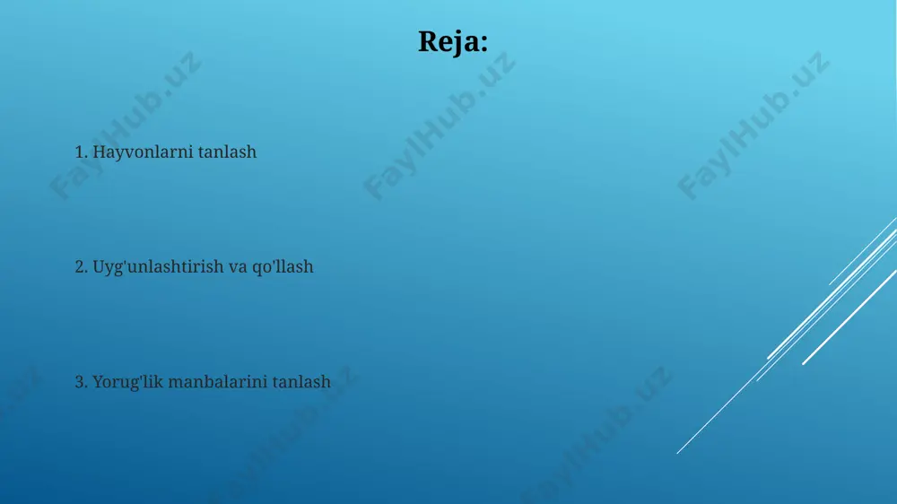 gan kuzatuvlar shuni aniqladiki, yorug'lik ifloslanishi tufayli 15 ga yaqin hashorat turlari yo'qolib bormoqda, bu o'simliklarning changlatilishiga salbiy ta'sir ko'rsatmoqda. hayvonlarning yorug'likka munosabati kechayu kunduz faol boʻlgan 100 ga yaqin turdagi kaltakesaklarning koʻpchiligi, masalan, afrikaning saxaraning janubidagi hududlarida yashovchi turlar, ultra binafsha nurlarni koʻrish qobiliyatiga ega va bu ularning ov va himoya mexanizmlarida muhim rol oʻynaydi. shimoliy amerikadagi 500 dan ortiq qushlar turi, quyoshning yoʻnalishi va kunning vaqtiga qarab, yorugʻlikning polarizatsiyasini sezish orqali uzoq masofalarga migratsiya qiladi. yorug'lik intensivligi va hayvonlar tungi ko‘rish qobiliyatiga ega bo‘lgan 20 turdagi sutemizuvchilarning (masalan, yovvoyi mushuklar) 5 lyuksdan past yorug‘lik intensivligida ov qilish samaradorligi 75% ga oshadi. baliqlarning ko‘pchilik turlarida yorug‘lik intensivligi 1500 lyuksdan oshganda, stress darajasi sezilarli darajada (taxminan 40%) ortadi va ularning reproduktiv faoliyatiga salbiy ta’sir ko‘rsatadi. rang harorati va hayvonlar tropik o'rmonlarda, 25-30°c harorat va yuqori namlikda yashovchi ko'plab hashoratlar, quyosh nurlarining to'g'ridan-to'g'ri ta'siridan saqlanib, soyali joylarda yashirishadi. o'rta osiyo sharoitida, …