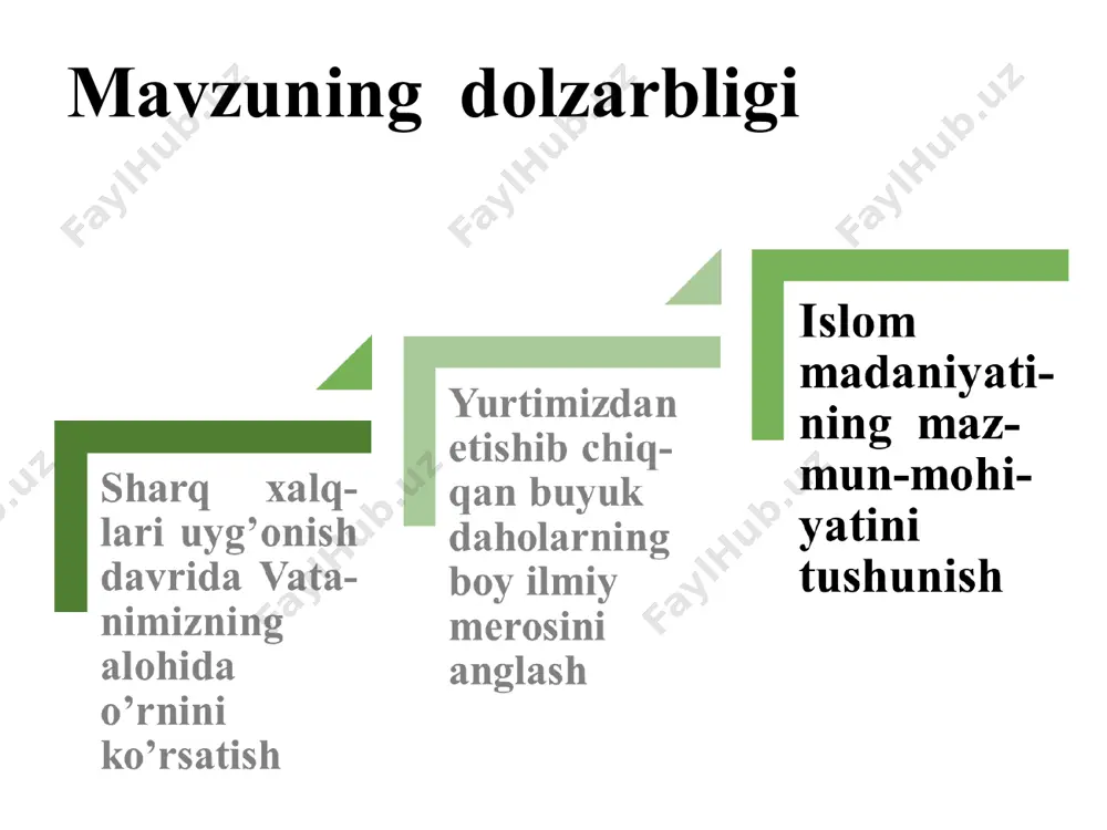 ҳисоби») «китобат-тарих («тарих китоби»)» «китоб ал-амал бил устурлаб» («устурлоб билан ишлаш ҳақида китоб»). хоразмий номи эса математикада «алгоритм» атамаси шаклида ўз ифодасини топди. унинг «ал-жабр» асари асрлар давомида авлодлар қўлида ер ўлчаш, ариқ чиқариш, бино қуриш, меросни тақсимлаш ва бошқа турли ҳисоб ва ўлчов ишларида датуриламал бўлиб хизмат қилди. у алгебрани мустақил фан даражасига кўтарди абу наср муҳаммад ибн муҳаммад форобий 873-951 йиллар «аристотелнинг «метафизика» асари мақсадлари ҳақида» «тирик мавжудот аъзолари ҳақида» «мусиқа китоби» «бахт-саодатга эришув ҳақида» «сиёсат ал-маданият», («шаҳарлар устида сиёсат юргизиш») «фозил одамлар шаҳри» «масалалар моҳияти» «қонунлар ҳақида китоб» «тафаккур юргизиш мазмуни ҳақида» «мантиққа кириш ҳақида китоб» «фалсафанинг моҳияти ҳақида китоб» форобий донишмандлиги, аристотелни яхши билганлиги, қомусий ақли ва илм -фан тараққиётига қўшган катта ҳиссаси учун «ал-муаллим ас-соний –иккинчи муаллим», «шарқ аристотели» деган мўътабар унвон олди. форобийнинг риёзиёт, фалакиёт, табобат, мусиқа, фалсафа, тилшунослик ва адабиётга оид асарлари бутун оламга машҳур бўлди. у уд мусиқа асбобини ихтиро қилган. у …