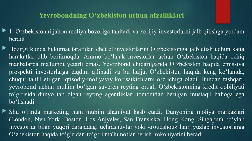 rlisi shundaki, to‘g‘ridan-to‘g‘ri xorijiy investitsiyalar strategik hamkorlar tarafidan asosan tabiiy resurslarni qazib olish va qayta ishlash sanoatiga kiritilgan. yevrobondlarni kimlar va nima uchun sotib oladi? yevrobondlarni asosan institutsional sarmoyadorlar: sug‘urta va pensiya jamg‘armalari, investitsiya kompaniyalari xarid qiladi. xaridor yevroobligatsiyani qayta sotib daromad olishi mumkin. yevroobligatsiyalar birja kotirovkasi, u yoki bu moliya bozoridagi talab va taklifga qarab daromadlilik ko‘rsatkichlariga ega. mazkur likvid vositadan emitent qarz majburiyatini uzgunga qadar kursning o‘zgarishiga qarab doimiy foyda olish imkoniyat mavjud. o’zbekiston chiqargan yevrobondlarni asosiy xaridori bu britanyalik investorlar buldi. e’tiboringiz uchun raxmat image2.png image3.png image4.png image5.png
