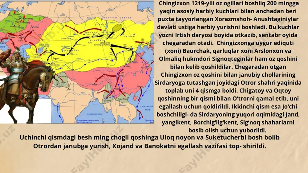 qilish ko‘zga tutilgan edi. jaloliddin shu yo'l bilan dushmanni xuroson va iroqqa otkazmaslikni rejalashtirgan edi. undan tashqari yana ikki taklif ham ortaga tashlangan edi. lekin, xorazmshoh oz sarkardalariga, ayniq- sa qipchoq harbiylariga ishonchsizlik bilan qarar, katta qoshinni bir joyga toplashdan, qoshin yigilganda esa ozini taxtdan agdarib tash- lashlari mumkin ekanligidan chochir edi. shuning uchun sulton va uning onasi tazyiqi bilan kengash mudofaa usuliga otishni maqul deb topdi. jami 450 taga yaqin shahar (qala) va viloyatlardan iborat bol- mish davlatda qoshin katta jangga kirib, vatan sharafini himoya qilish orniga shahar va qalalarga bolib tashlandi. bazi markaziy shaharlar, jumladan «buxoro va samarqand mudofaasini mustahkamlash zarur», degan fikrga kelindi, xolos. ammo, bu mudofaa tizimi ham qoniqarli darajada tashkil еtilmadi. bu paytda mo‘g‘ul qo‘shini allaqachon chegara yerlaridan ancha ilgarilab keta boshlagan edi. chegaradagi o‘tror mustahkam shahar qal’a bo‘lib, mo‘g‘ullarga olti oy davomida mardonavor ravishda qarshilik ko‘rsatdi. o‘tror hokimi inalxon (goyirxon) qolida 20.000 chogli suvoriy …