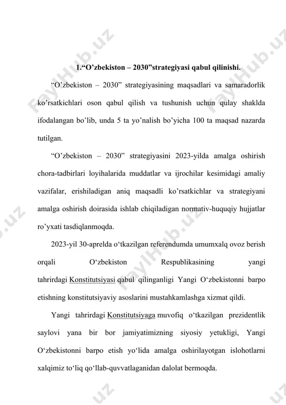 bilan birgalikda ikki hafta muddatda “o‘zbekiston — 2030” strategiyasi ijrosining ta’minlanish darajasi, unda belgilangan islohotlarning sifatli amalga oshirilishini aholi tomonidan har bir maqsad va undagi ko‘rsatkichlar kesimida baholash, ular yuzasidan o‘z fikrlarini qoldirish va tashabbuslar bildirish imkoniyatini yaratuvchi onlayn portalni ishga tushirsin; “o‘zbekiston — 2030” strategiyasi va uni tegishli yillarda amalga oshirish bo‘yicha chora-tadbirlar bajarilishi yakunlariga bag‘ishlangan axborot-tahliliy sharhlarni tayyorlash, ularni xorijiy tillarda e’lon qilish va keng tarqatishni ta’minlasin. 9.axborot va ommaviy kommunikatsiyalar agentligi, o‘zbekiston milliy teleradiokompaniyasi va o‘zbekiston milliy axborot agentligi ommaviy axborot vositalari bilan birgalikda muntazam ravishda: “o‘zbekiston — 2030” strategiyasida belgilangan maqsad va vazifalarning ommaviy axborot vositalarida, shu jumladan internet jahon axborot tarmog‘ida va ijtimoiy tarmoqlarda keng sharhlab borilishini hamda uning mazmun-mohiyati jamoatchilikka yetkazilishini; “o‘zbekiston — 2030” strategiyasi doirasida amalga oshirilayotgan chora-tadbirlarning ijrosi va belgilangan maqsadli ko‘rsatkichlarga erishish holati yuzasidan aholiga xolis va to‘liq ma’lumot yetkazilishini ta’minlasin. 10.mazkur farmon ijrosini samarali tashkil qilishga mas’ul va shaxsiy javobgar …
