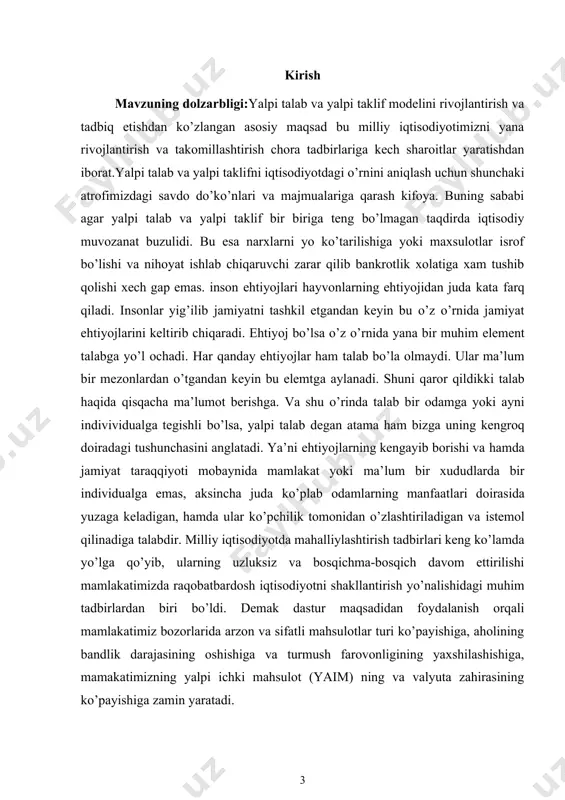 shtirish va qisqacha tavsiflash. yalpi talab va yalpi taklif modeli (ad-as) tushunchasi va uning iqtisodiy mohiyati kurs ishi ob’yekti va predmeti: ad-as dinamik modeli inflyatsiya jarayonlarini tahlil qilish. yalpi talab yalpi taklif tarkibi muozanati va unga ta'sir qiluvchi omillar. yalpi talab va yalpi taklif o'rtasidagi muvozanat va milliy iqtisodiyotimizdagi ahamiyati kurs ishning tadqiqot uslubi va uslubiyoti: ilmiy ommabop manbalardan to’plangan ma’lumotlar tahlil qilib,xulosa va takliflar qilish. kurs ishi tuzilishi: bajarilgan kurs ishi kirish qismi, asosiy qism va qilingan xulosalardan iborat. ishda o’rganilishi e’tiborga olingan ma’lumotlar tushunarli ravishda ifodalash uchun chizma jadvallar va rasmlar berildi.ishga qo’yilgan maqsadga erishishi uchun to’plangan adabiyotlar manbalarning nomlari va elektron manzillari keltirildi. 1.yalpi talab va yalpi taklif modeli (ad-as) tushunchasi va uning iqtisodiy mohiyati talab va taklif modeli ko‛plab savollarga javob berishga yordam beradi: nega pirogning muvozanat narxi olmosning muvozanat narxidan ancha past, nega moy parfyumdan qimmatroq va nega yog‛ning narxi parfyumeriya va olmos narxlaridan yuqori. …