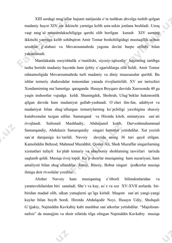 dilar. alisher navoiy ham musiqaning e`tiborli bilimdonlaridan va yaratuvchilaridan biri sanaladi. she`r va kuy, so`z va soz xv-xvii asrlarda bir-biridan madad olib, ulkan yutuqlarni qo`lga kiritdi. maqom san`ati yangi-yangi kuylar bilan boyib bordi. hirotda abdulqodir noyi, husayn udiy, shohquli g`ijjakiy, najmiddin kavkabiy kabi mashhur san`atkorlar yetishdilar. “majolisun-nafois” da munajjim va shoir sifatida tilga olingan najmiddin kavkabiy musiqa ilmiga doir ko`plab ilmiy asarlar yaratdi. bularning hammasini, hatto “rost” maqomi uchun tuzgan kulliyotini ham she`riy usulda yaratdi. bu davrda o`zbek tili adabiy til sifatida uzil-kesil shakllandi va markaziy osiyoning so`nggi madaniy rivojiga katta ta`sir ko`rsatdi. turkiy tilning rivojlanishi va taraqqiy etishda alisher navoiyning xizmatlari katta bo`ldi. husayn boyqaro turkiy tilda asarlar yozish haqida farmon chiqardi. xv asrgacha oltin o`rda doirasida qo`llanib kelingan turkiy adabiy til navoiyning qudratli dahosi bilan turkiy qavmlarning mushtarak yodgorligiga aylandi. u birgina xurosonu movarounnahr doirasida qolmay turkiy xalqlar yashaydigan barcha mintaqalarga kirib bordi. uni turkmanlar ham, ozarbayjonlar ham, …