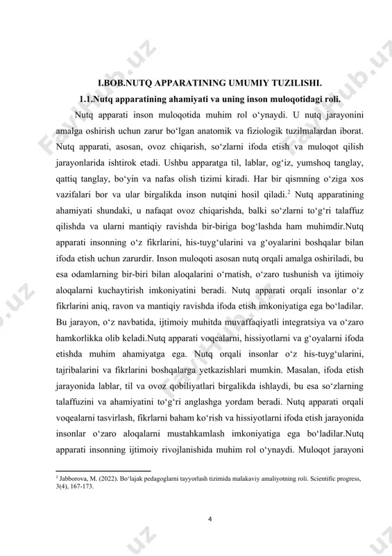 arni o‘rganadilar, ularni to‘g‘ri talaffuz qilishni o‘rganadilar va fikrlarini boshqalar bilan ifoda etishda ko‘nikmalarini rivojlantiradilar. nutq apparati yordamida bolalar o‘z his-tuyg‘ularini, g‘oyalarini va fikrlarini ifoda etish imkoniyatiga ega bo‘ladilar, bu esa ularning ijtimoiy ko‘nikmalarini oshirishga yordam beradi. nutq apparati, shuningdek, bolalarning ijodiy fikrlash qobiliyatini rivojlantirishda ham muhim rol o‘ynaydi.nutq apparati insonning muloqot jarayonida o‘zaro tushunishni ta'minlashga yordam beradi. o‘rganish jarayonida bolalar nutq apparatini rivojlantirish orqali boshqalar bilan o‘zaro muloqot qilishni o‘rganadilar. bu jarayon, o‘z navbatida, ijtimoiy aloqalarni mustahkamlash va o‘zaro tushunishni oshirishga yordam beradi. nutq apparati yordamida insonlar o‘zaro fikr almashish, savollar berish va javob berish, muammolarni hal qilish va qarorlar qabul qilish jarayonlarida ishtirok etadilar. bu jarayonlar, o‘z navbatida, ijtimoiy hayotni yanada faol va samarali qilishga yordam beradi.bundan tashqari, nutq apparati insonning hissiy rivojlanishida ham muhim ahamiyatga ega. muloqot jarayonida insonlar o‘z his-tuyg‘ularini ifoda etish va boshqalarning his-tuyg‘ularini tushunish imkoniyatiga ega bo‘ladilar. nutq apparati yordamida insonlar o‘z hissiyotlarini, masalan, …