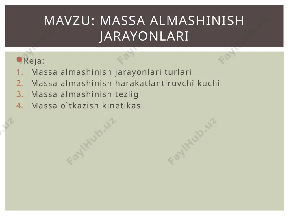 ir bo`lib ajralib chiqadi. bu jarayon qarama qarshi oqimda amalga oshirishi yaxshi natijalar berishini kuzatish mumkin. 4) adsorbtsiya adsorbtsiya jarayonida gaz, bug` yoki eritma qattiq yutuvchan moddaga yutilish jarayoni hisoblanadi bu jarayon ham massa almashinish jarayonining asosiy turlaridan biri bo`lib, adsorbtsiyaga teskari sodir bo`ladigan jarayon mavjud bo`lib bu jarayon desorbtsiya deyiladi. desorbtsiya jarayonida tarkibdagi yutilgan modda ma’lum bir parametrlar yordamida ajratib olinar ekan massa almashinish jarayonlari 5) quritish massa almashinishni asosiy jarayonidan biri quritish jarayoni bo`lib, bunda qattiq moddalar tarkibidagi namlik bug`latish yo`li bilan chiqariladi. quritish jarayonida namlik qattiq fazadan gaz yoki bug` holatiga o`tishi kuzatishimiz mumkin. 6) kristallanish bu suyuq eritmalar tarkibidagi qattiq fazani kristall shaklida ajratib olish jarayonidir. ushbu jarayonda suyuq fazadan moddaning qattiq fazaga o’tishi ro’y beradi. massa almashinish jarayonlari muvozanat holatiga erishish yo’nalishida moddaning bir fazadan ikkinchisiga o’tish jarayoniga massa o’tkazish deyiladi. massa almashinish jarayonida eng kamida 3 ta modda ishtiroq etadi: birinchi fazani tashkil etuvchi …