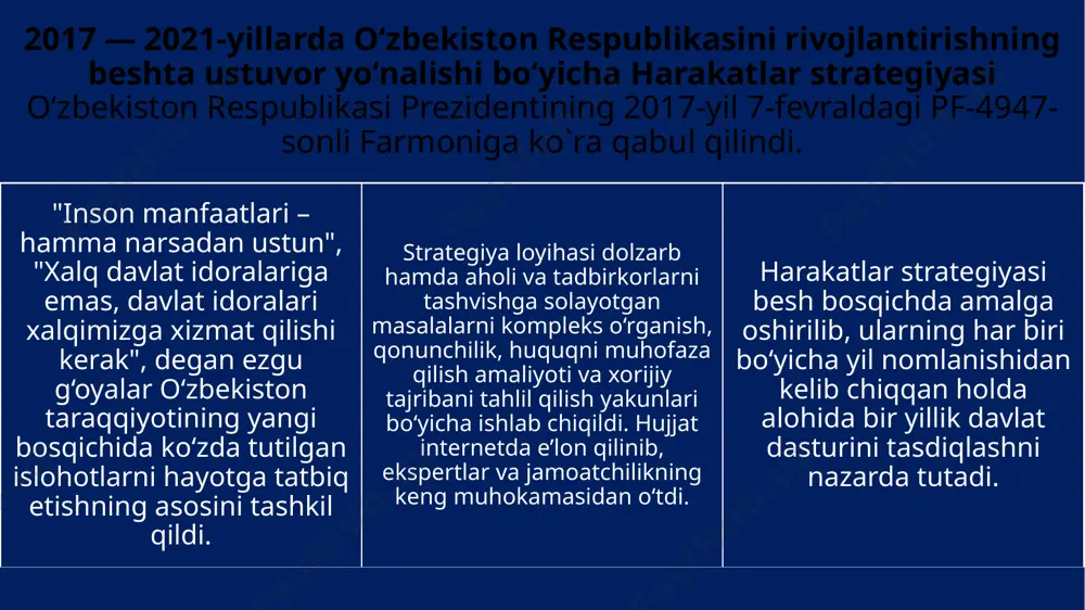 iklarini ishonchli himoya qilish kafolatlarini mustahkamlash ma’muriy, jinoyat, fuqarolik va xo‘jalik qonunchiligini, jinoyatchilikka qarshi kurashish va huquqbuzarliklarning oldini olish tizimi samarasini oshirish, sud jarayonida tortishuv tamoyilini to‘laqonli joriy etish, yuridik yordam va huquqiy xizmatlar sifatini tubdan yaxshilash; iqtisodiyotni yanada rivojlantirish va liberallashtirish iqtisodiyotni yanada rivojlantirish va liberallashtirishga yo‘naltirilgan makroiqtisodiy barqarorlikni mustahkamlash va yuqori iqtisodiy o‘sish sur’atlarini saqlab qolish, milliy iqtisodiyotning raqobatbardoshligini oshirish, qishloq xo‘jaligini modernizatsiya qilish va jadal rivojlantirish, iqtisodiyotda davlat ishtirokini kamaytirish bo‘yicha institutsional va tarkibiy islohotlarni davom ettirish; xususiy mulk huquqini himoya qilish va uning ustuvor mavqeini yanada kuchaytirish, kichik biznes va xususiy tadbirkorlik rivojini rag‘batlantirish, hududlar, tuman va shaharlarni kompleks va mutanosib holda ijtimoiy-iqtisodiy taraqqiy ettirish, investitsiyaviy muhitni yaxshilash orqali mamlakatimiz iqtisodiyoti tarmoqlari va hududlariga xorijiy sarmoyalarni faol jalb etish; ijtimoiy sohani rivojlantirish itimoiy sohani rivojlantirishga yo‘naltirilgan aholi bandligi va real daromadlarini izchil oshirib borish, ijtimoiy himoya va sog‘lig‘ini saqlash tizimini takomillashtirish; xotin-qizlarning ijtimoiy-siyosiy faolligini oshirish, arzon …