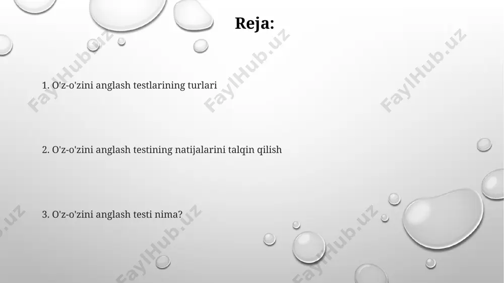 in. testni onlayn yoki oflayn rejimda, 2 soat ichida bajarish mumkin. test natijalari 24 soat ichida sizning elektron pochtangizga yuboriladi. natijalar shaxsiy hisobot ko‘rinishida taqdim etiladi va sizning o’z-o’zingizni anglash darajangizni aks ettiradi. natijalarni talqin qilish 21-40 ball oralig'i o'rtacha o'z-o'zini anglash darajasini ko'rsatadi; shaxs o'z qobiliyatlarini biladi, lekin yana rivojlanish uchun imkoniyatlar mavjud. buxoroda o'tkazilgan tadqiqotlar shuni ko'rsatdiki, bu guruhda o'ziga ishonchni oshirish bo'yicha mashg'ulotlar samarali. natijalar 0-20 ball oralig'ida bo'lsa, o'z-o'zini anglash darajasi past, shaxs o'z potentsialini to'liq ochmagan va o'z ustida ishlashga ehtiyoj sezishi mumkin, masalan, samarqanddagi psixologik markazlarga murojaat qilish tavsiya etiladi. 41-60 ball yuqori o'z-o'zini anglash darajasidan dalolat beradi. shaxs o'z maqsadlariga erishishda muvaffaqiyatli, 5 dan ortiq turli sohalarda o'ziga xos yutuqlarga erishgan. toshkentdagi mutaxassislar bunday natijalarni yuqori motivatsiya va o'ziga ishonch bilan bog'lashadi. o'z-o'zini anglashning ahamiyati oʻz-oʻzini anglash, 20-30 yosh oraligʻidagi toshkentlik yoshlarning 70%ida kuzatilayotgan ruhiy sogʻliq muammolari sonini kamaytirishga yordam beradi, chunki bu …