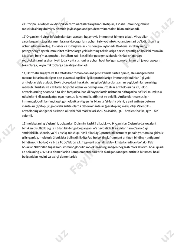 gen epitoplari to'g'risidagi axborotni immun hujayralarga yetkazib beradi; 3) lizosomal fermentlar va immunogenezda k atta ahamiyatga ega bo'lgan monokinlami ishlab chiqaradi. 8)b archa fagositoz qiluvchi hujayralarni i.i.mechnikov mikrofag va mak�rofaglarga bo'iadi. mikrofaglarga neytrofil, eozinofil va bazofillardan tashkil topgan qonning polim orf o'zakli granulotsitlari; makrofaglarga esa organizmning har xil to'qimasi hujayralari (biriktiruvchi to'qima, jigaming kup fer hujayralari, o'pka va taloq hujayralari, qon-tomir endoteliylari va b oshqalar), qon m onotsitlari va ularning k o 'm ik o'tm ishdoshlari (promonotsit va monoblast) kiradi. hamma fagositoz qiluvchi hujayralar «mononuklear fagositlar sistemasi»ga kiritilgan. 9)mikroorganizm ning fagositozga uchrashini kuchaytiruvchi, normal va immun zardoblardagi antitelolar opsoninlar deb ataladi. o psonin'arning ta’sii iiiexanizmi oxirigacha o'rganilm agan. bir taxmin bo'yicha, opsoninlar mikrob tanasi ustining elektrolitik potensialini o'zgartirib, fagositozni osonlashtiradi deyilsa, ik k in c h i taxm inga k o ‘ra, o p so n in la r b a k te riy a la rn in g m …