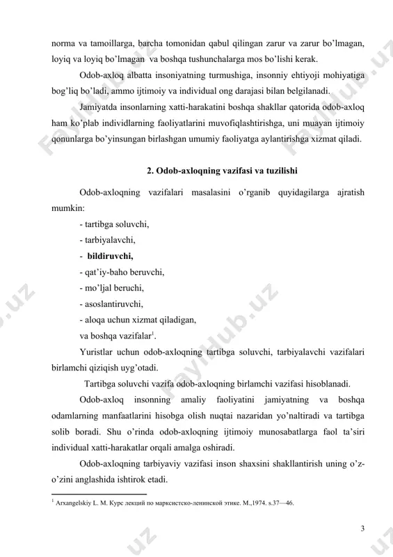 ib o’tilganidek odob-axloq sub’ektlari alohida shaxslar, shuningdek butun jamiyat hisoblangan ijtimoiy munosabatlarni tartibga soluvchi bo’lib xizmat qiladi. ushbu ijtimoiy munosabatlar jarayonida shaxsning axloqiy xatti-harakatlari o’zini o’zi tartibga solish va butun ijtimiy borliqning ma’naviy o’zini o’zi boshqarishi yuzaga keladi. odob-axloq inson hayot faolyatining barcha jabhalarini tartibga soladi. insonning xulq-atvorini tartibga solar ekan odob-axloq unga nisbatan yuqori talablarni qo’yadi. bundan tashqari odob-axloqning tartibga soluvchi vazifasi jamoat fikrining obro’siga va insonning axloqiy ishonchiga, jamiyat va shaxs haq bo’lmasa-da, tayangan holda amalga oshiradi. odob-axloqga ijtimoiy ongning muhim shakli tariqasida ham qaraladi, ijtimoiy munosabatning ko’rinishi sifatida ham, shuningdek insonning axloqiy faoliyatini tartibga soluvchi jamiyatda mavjud xatti-harakat normalari qaraladi. xulqiy ong odob-axloqning, uning ideal va sub’ektib tomonini ifoda qiluvchi, bir qismi hisoblanadi. axloqiy ong insonlarga ularning burchi tariqasida muayan xulq-atvor va xatti-harakatlarni yuklaydi. xulqiy ong ijtimoiy borliqning turli ko’rinishlariga - qilmishga, uning motiviga, xatti-harakatiga, hayot tarziga va b.larga odob-axloq normalariga muofiqligi nuqtai nazaridan kelib chiqib baho …