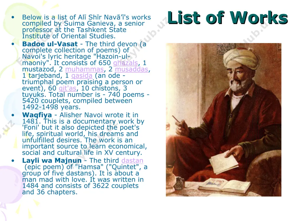 of childhood") navadir al-shabab ("rarities or witticisms of youth") bada'i' al-wasat ("marvels of middle age") fawa'id al-kibar ("advantages of old age") to help other turkic poets he wrote technical works such as mizan al-awzan ("the measure of meters"), and a detailed treatise on poetical meters. he also crafted the monumental majalis al-nafais ("assemblies of distinguished men"), a collection of over 450 biographical sketches of mostly contemporary poets that is a gold mine of information for modern historians of timurid culture. navā'i's other important works include the khamsa (quintuple), which is composed of five epic poems and an imitation of nizami ganjavi's khamsa: hayrat-ol-abrar (wonders of good people) (حیرت الابرار) farhad va shirin (farhad and shirin) (فرهاد و شیرین) layli va majnun ( layli and majnun) (لیلی و مجنون) sab'ai sayyar ("seven travellers (planets)", سبعه سیار) sadd-i-iskandari ("alexander's dam", سد سکندری , an epic poem about alexander the great). navā'i's his …