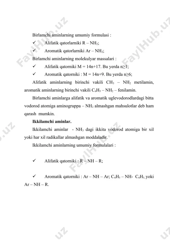 (ch2)6 – nh2 va xokozolar kiradi. olinishlari : 1. aminlar platina, palladiy, nikel katalizatorlari ishtirokida nitril, izonitril va nitrobirikmalarni qaytarib olinadi : r – no2 + 3h2 r – nh2 + 2h2o nitrobirikma amin r – cn + 2h2 r – ch2 – nh2 nitril amin ch3 – nc + 2h2 ch3 – nh2 – ch3 izonitril 2. gologenalkillarga ammiak ta’sir ettirib olish : r – cl + nh3 →r – nh3+cl- alkil xlorid alkil ammoniy xlorid shu usulda birlamchi aminobirikmalarga yana gologenalkil ta’sir ettirib ikkilamchi va uchlamchi aminlarini olish mumkin : ch3 – nh2 + ch3j →ch3 – nh – ch3 + hj ikkilamchi amin 3. spirtlar bilan ammiak aralashmasini 300 ocda al2o3 ∙ tho2 katalizatori ustidan o’tkazib sanoatda birlamchi, ikkilamchi va uchlamchi aminlar aralashmasi olinadi : roh + nh3 r – nh2 + h2o r – nh2 +roh r – nh - r + h2o 4. kislota amidlariga …