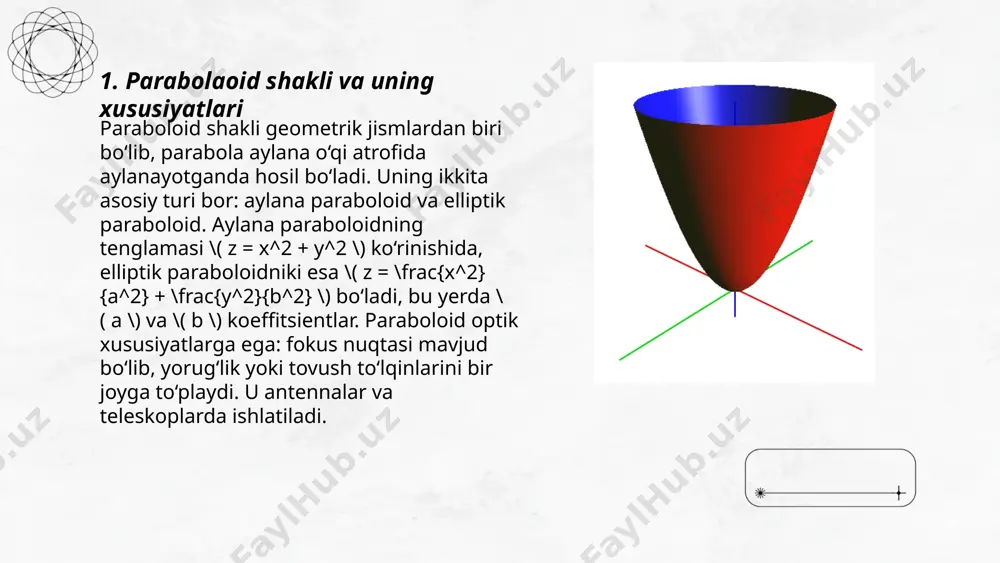 ularning shakli quyosh nurlarini bitta nuqtaga fokuslaydi. samaradorlik darajasi taxminan 60% dan 80% gacha bo'lishi mumkin, bu pechning o'lchami, material sifati va iqlim sharoitlariga bog'liq. bu pechlar suv isitgichlari, ovqat pishirish va sanoat maqsadlarida ishlatiladi. quyosh energiyasidan samaraliroq foydalanish uchun, paraboloid oynalarining sifatli va toza bo'lishi, shuningdek, nurlarni to'g'ri burchak ostida fokuslash juda muhimdir. energiya sarfini kamaytirish hamda ekologik toza bo'lishi sabablari tufayli ular ommalashmoqda. ... t.me/slaydai_bot 7. quyosh pechlarining ekologik foydalari quyosh pechlari atrof-muhit uchun bir qancha ekologik foydalar taklif etadi. ular an’anaviy pechlar bilan solishtirganda chiqindilarni kamaytiradi va toza energiya manbai hisoblanadi. har yili 2,4 million kishi noan’anaviy yoqilg‘i ishlatish oqibatida zarar ko‘radi, lekin quyosh pechlari havoning ifloslanishini oldini olishda yordam beradi. oddiy quyosh pechlari yillik 1 tonna karbonat angidrid chiqindilarini kamaytirishi mumkin. bundan tashqari, ular yog‘och yoki boshqa resurslar talabini pasaytiradi, bu esa o‘rmonlarning saqlanishiga yordam beradi. quyosh pechlari uzoq muddatda energiya sarfini kamaytirib, iqtisodiy jihatdan ham …