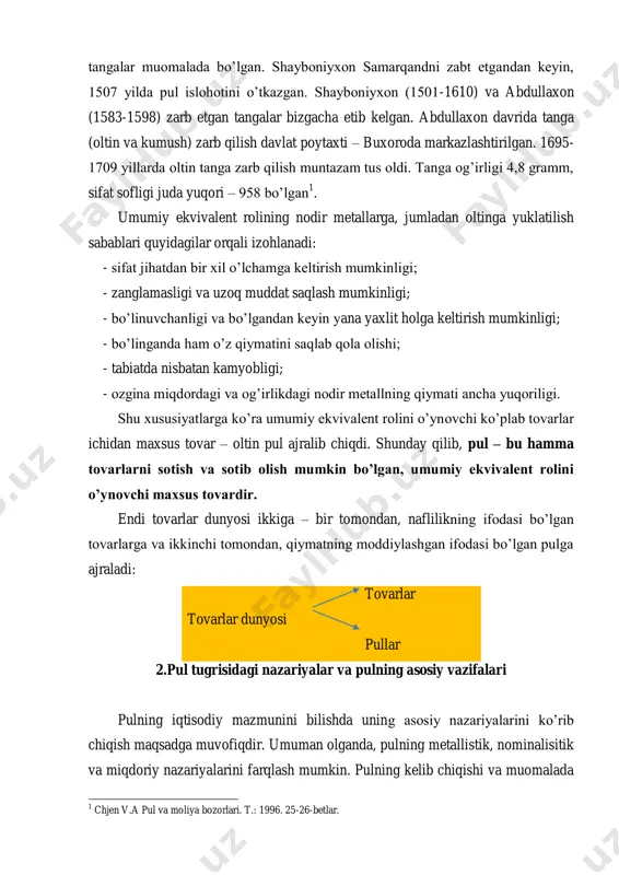 qshda esa 1900 yilda sodir bo’ldi. angliyada oltin pul tizimi xvii asrning oxirida, germaniyada 1871 yilda, gollandiyada 1877 yildayoq joriy etilgan edi. o’zbekiston hududida tarixan bundan ham oldinroq kumush va mis tangalar muomalada bo’lgan. shayboniyxon samarqandni zabt etgandan keyin, 1507 yilda pul islohotini o’tkazgan. shayboniyxon (1501-1610) va abdullaxon (1583-1598) zarb etgan tangalar bizgacha etib kelgan. abdullaxon davrida tanga (oltin va kumush) zarb qilish davlat poytaxti – buxoroda markazlashtirilgan. 1695- 1709 yillarda oltin tanga zarb qilish muntazam tus oldi. tanga og’irligi 4,8 gramm, sifat sofligi juda yuqori – 958 bo’lgan 1 . umumiy ekvivalent rolining nodir metallarga, jumladan oltinga yuklatilish sabablari quyidagilar orqali izohlanadi: - sifat jihatdan bir xil o’lchamga keltirish mumkinligi; - zanglamasligi va uzoq muddat saqlash mumkinligi; - bo’linuvchanligi va bo’lgandan keyin yana yaxlit holga keltirish mumkinligi; - bo’linganda ham o’z qiymatini saqlab qola olishi; - tabiatda nisbatan kamyobligi; - ozgina miqdordagi va og’irlikdagi nodir metallning qiymati ancha yuqoriligi. …