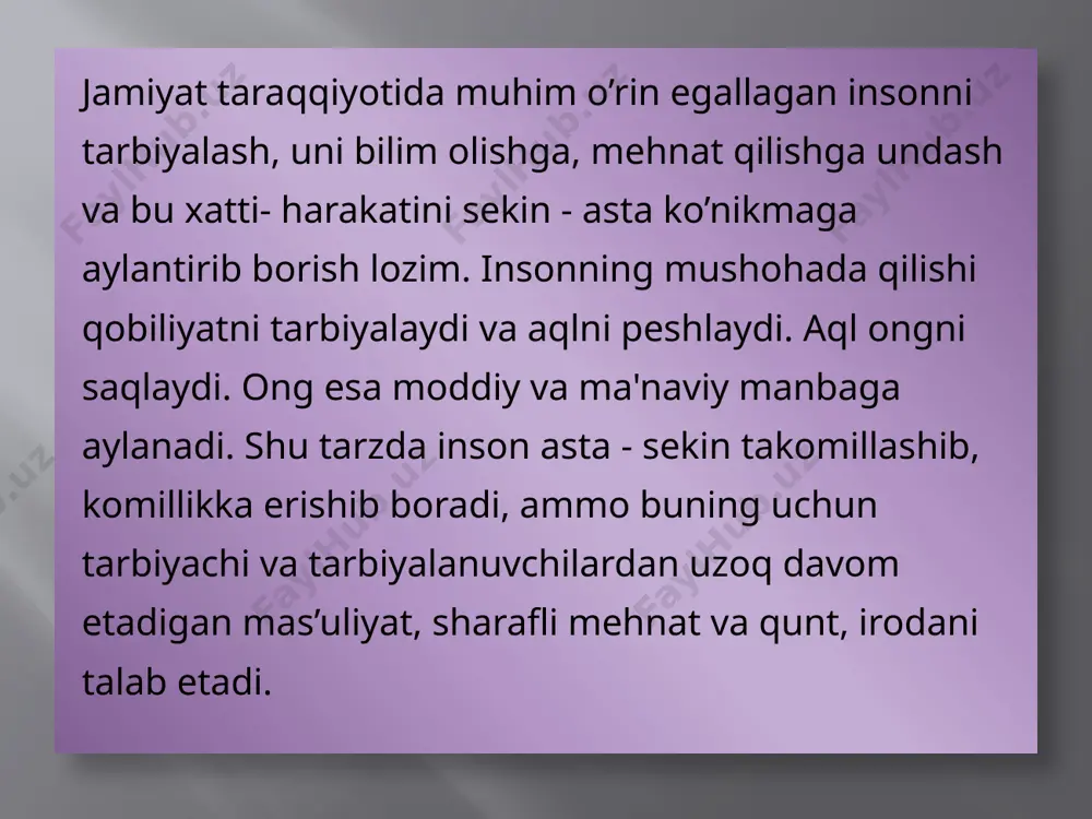 surishi kerak. diagnostikaning ma'lum ob'ektga yo'naltirilganligi ta'lim berishda o'quvchi yoshlarning, tarbiyachi-o' qituvchilarning individual tafovutlarini hisobga olish, ularning intellektual rivojlanishlari, jinsi, ijtimoiy nufiziga qarab belgilanadi. diagnostikaning aniqlik va ishonarlilik muolajalari metod va vositalarning ilmiy asoslariga bog'liqligi bilan belgilanadi. natijaning aniqligini, barchaga xosligini tekshirish uchun shu muammo, ob’ekt, hodisa va h.k.ni boshqa muammo bilan taqqoslanishi yoki boshqa ob’ekt, predmet, sinf, guruh, jamoa yoki o’quv maskanida ham o’tkazilib ko’rilishi kerak. diagnostikaning konstantlik tamoyili muayyan ob'ekt, voqea-hodisa va boshqalarni tashxis qilish davomida yuzaki, dastlabki hisssiyotlar bilan cheklanmaslikni, tasodifiy, qisqa muddatli ayrim hodisalarning ahamiyatini oshirib yubormaslikni talab qiladi. tashxis qilayotgan o'qituvchi turli vaziyatlarda o'sha hodisani tekshirib ko'rishi yoki bir nechta kuzatuvchi o`zi nazoratga olishi lozim. bu kuzatuvchilaming xulosalari yoki natijalari qanchalik bir-biriga to'g'ri kelishi kuzatuvning konstant yoki bunday emasligini ko' rsatadi. diagnostikaning nazorat tamoyili kuzatuvchining bir necha bor kuzatuvi yoki bir qator kuzatuvchilarning ma’lum guruh yuzasidan chiqargan natijalari, xulosalari nazorat-kuzatuvi davomida boshqa guruhlarda tekshirib ko'rilishini …
