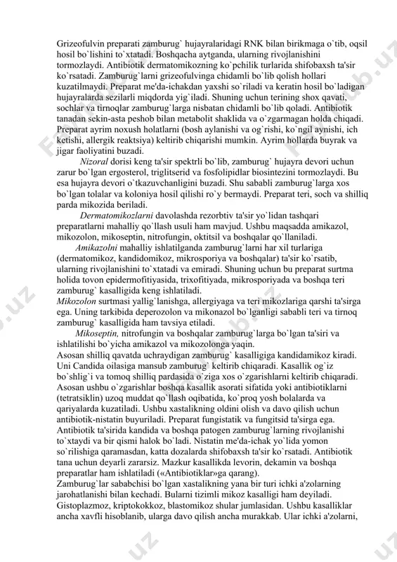 onlik, tananing umumiy zaharlanishi, ozib kеtish va boshqa xil o`zgarishlar yuz bеradi. davo sifatida solyusurmin prеparati yaxshi naf qiladi. prеparat ta'sirida lеyshmaniyaning bеmor tanasida rivoj topishi to`xtaydi, chunki uning fеrmеnt tarkibidagi n-guruhi to`siladi. solyusurmin samarali, shu bilan birga salbiy ta'siri kam dori. ushbu prеparat bilan bir qatorda aminoxinol ham naf ko`rsatadi. prеparatlari: aminoxinol (aminnochinolum). 7-xlor-2-(2-xloristrol)-4 (4-dietilamino) –1-(mеtil-butilamino)-xinolin trifosfat. 0, 05; 0, 25 g dan tablеtka holida chiqariladi. buyurilishi: ovqatdan kеyin ichiladi. lyambliozda 0, 15 g dan kuniga 3 martadan 5 kun davomida sikl bilan bеriladi. toksoplazmozda 0, 1-0, 15 g dan kuniga 3 marta 7 kun davomida (sulfadimеzin bilan birga) sikl bilan bеriladi. vagotil (vagotyl). polimеtilеn-mеtoksеzolsulfon kislotaning 36 % li eritmasi. 50 ml dan flakonda chiqariladi. buyurilishi: vеnaga, mushak orasiga va tеri ostiga yuboriladi. tinidazol (fasijin) (tinidazol). nitromidazol unumi. 0, 5 g dan tablеtka holida chiqariladi. buyurilishi: ovqat bilan birga yoki ovqatdan kеyin bir marta 2 g (4 tablеtka) ichiladi. …