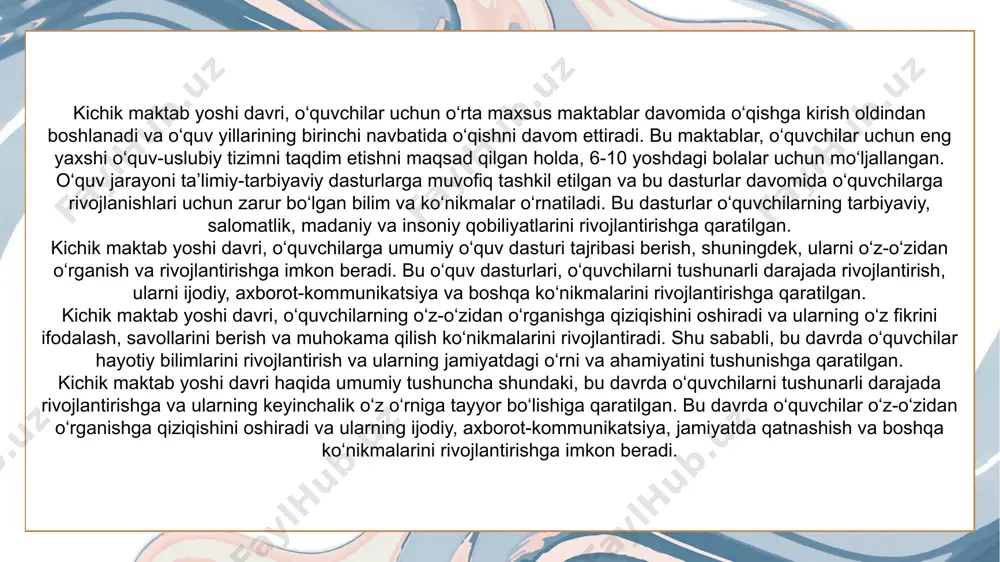 r xarid qilinganda, ikkinchisini unutish ota-ona uchun bir qancha qiyinchiliklarni keltirib chiqaradi. shuningdek, qarindosh yoki do‘stlar tomonidan keltirilgan sovg‘alar ham xuddi shunday ahamiyatga ega. bolalarni uzoq vaqt yolg‘iz qoldirmaslik hech qachon chaqaloqni katta farzandga ishonib topshirib bo‘lmaydi, ayniqsa, uzoq vaqtga. bolani ota-onasi katta deb bilgani bilan, u hali ham bola. ikkala farzand uchun esa faqatgina kattalar javobgar bo‘ladi. shuning uchun ikkisini iloji boricha yolg‘iz qoldirmaslikka harakat qilish zarur. pedagogik tajribani rejalashtirish va uning mazmuni kichik maktab yoshdagi bolalarning jismoniy tarbiyasini rivojlantirish ustidagi tajribalarni rejalashtirish 2-ilovada takdim etilgan bo'lib sxema asosida amalga oshirildi. va to'rt hafta mobaynida kichik maktab yoshdagi bolalar shu maqsadda maxsus harakatli o'yinlarni izchillik bilan bajardilar, va ular jismoniy harakat orqali jismoniy tayyorgarligini uyg'unlashtirishgan edi. masalan tezkorlik qisqa masofaga yugurish davomidagi harakat suratining tempi o'stirildi. to'rt hafta mobaynida bolalar jismoniy tarbiya orqali jismoniy harakatining rivojlantirishga qaratilgan harakatli o'yinlarni kamida 12 marta bajardilar statistik ishlov berish natijasida 7-8 yoshli …