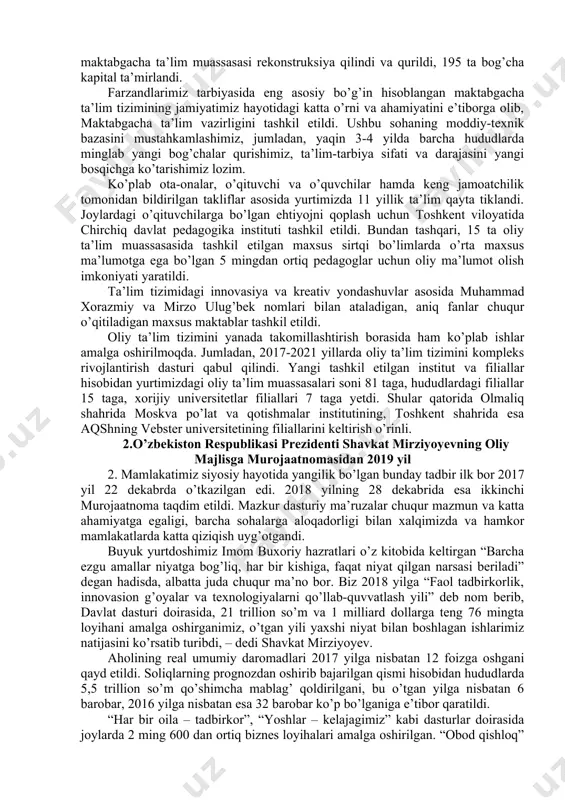 d dollarga ko’paydi. 2017 yilda mamlakatimizda 12 ta erkin iqtisodiy va 45 ta sanoat zonasi faoliyati yo’lga qo’yildi va bu tashkiliy choralar hududlarni jadal rivojlantirish imkonini bermoqda. yaqin vaqt ichida yana 50 ta yangi sanoat zonasini tashkil etish bo’yicha amaliy ishlar olib borilmoqda. yil davomida biz uchun g’oyat muhim bo’lgan yangi ish o’rinlarini tashkil etish masalasi doimiy e’tiborimiz markazida bo’ldi. 2017 yilda yangi sanoat korxonalarini qurish, xizmat ko’rsatish obyektlarini ishga tushirish, kichik biznes va xususiy tadbirkorlikni rivojlantirish hisobidan 336 mingdan ziyod yangi ish o’rinlari tashkil etildi. o’zbekistonda olib borilayotgan davlat siyosatining g’oyat muhim yo’nalishi bo’lgan ijtimoiy sohani isloh qilish bo’yicha qabul qilingan dasturlar ijrosi ham bosqichma-bosqich ta’minlanmoqda. xalqimizning talab va istaklarini inobatga olinib, 2017 yilda imtiyozli ipoteka kreditlari asosida arzon uy-joylar qurish loyihasini amalga oshirishga kirishildi. shahar va qishloqlarimizda jami 3,5 million kvadrat metrdan ziyod namunaviy uylar va ko’p qavatli uy-joylar barpo etildi. bu raqamni avvalgi yillarga taqqoslaydigan bo’lsak, 2007 …