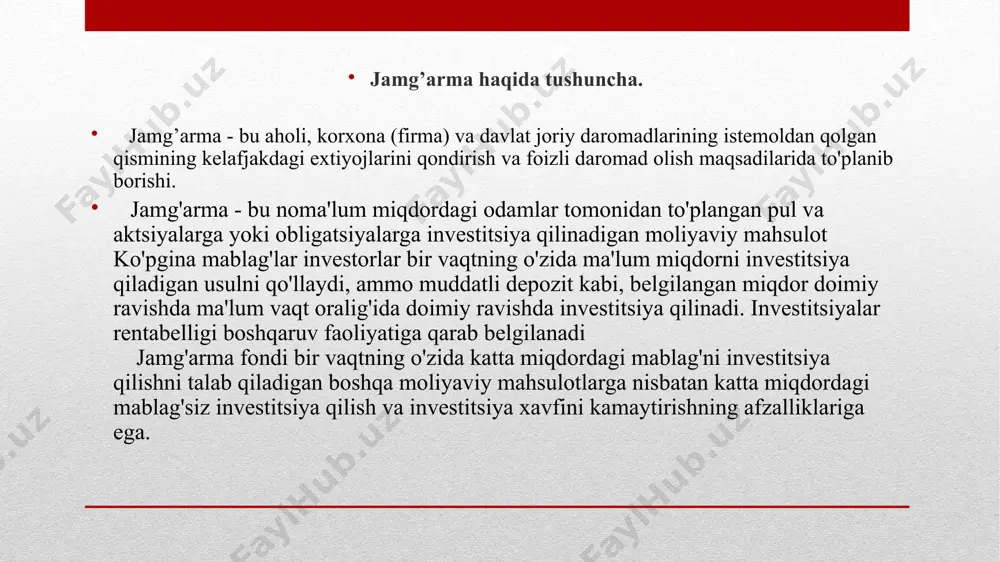 ilangan summani olish huquqini beruvchi qimmatli qog`ozdir iste’mol va jamg’arish hajmiga tasarrufidagi daromad dinamikasidan tashqari quyidagi omillar, to’g’rirog’i bu omillardagi o’zgarishlar ham ta’sir ko’rsatadi: uy xo’jaliklari daromadlari. uy xo’jaliklarida to’plangan mulk hajmi. narxlar darajasi. iqtisodiy kutish. iste’molchilar qarzlari hajmi. soliqqa tortish hajmi. jamg’arma banki -kredit muassasasi bo`lib, uning asosiy vazifasi aholining pul jamgarmalari va vaqtincha erkin pul mablag`larini jalb qilish va aholiga kredit berishdan iborat. jamg’arma sertifikatlari -bank tomonidan chiqariladigan va uning egasiga oldindan shartlashilgan vaqtda belgilangan summani olish huquqini beruvchi qimmatli qog`ozdir 3. jamg‘arma va uning hajmiga ta’sir etuvchi omillar. jamg‘arma va uning hajmiga ta’sir etuvchi omillar shaxsiy iste'mol-iste'mol ne'matlarni (tovarlar va xizmatlar)dan foydalanish yoki ularning bevosita iste'mol qilinish jarayonlaridir unumli iste'mol-iqtisodiy resurslar ya'ni ishlab chiqarish vositalari va ishchi kuchidan iqtisodiy faoliyatda foydalanish jarayonidir ijtimoiy iste'mol-jamiyat a'zolari guruhlarining ijtimoiy iste'mol xususiyatiga ega bo'lgan moddiy ne'matlar va xizmatlarni jamoa bo'lib iste'mol qilishni bildiradi. iste'molga o'rtacha moyillik (io'm) shaxsiy daromadning iste'molga …